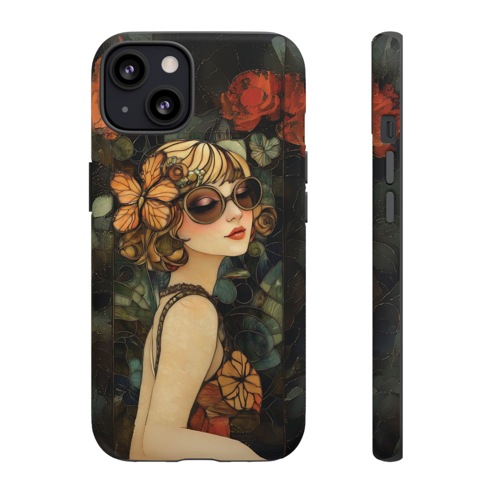 Butterfly Art Deco Flapper Woman Mosaic Phone Case 1920s Art Nouveau Design in Red Stained Glass Alphonse Mucha Style Gatsby Style Poster