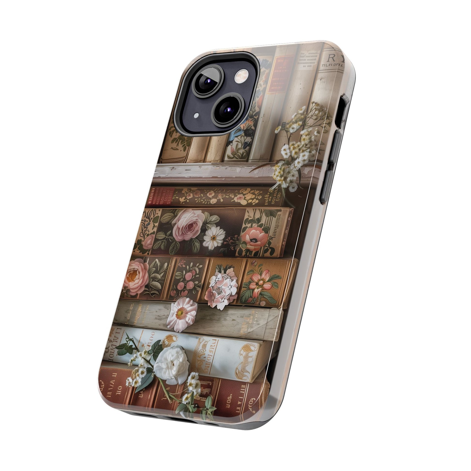 Vintage Book Stack Cottagecore Phone Case, Books with Floral Decor, Leather & Cloth Fliral iPhone Case, Pastel Roses Daisies Wildflowers