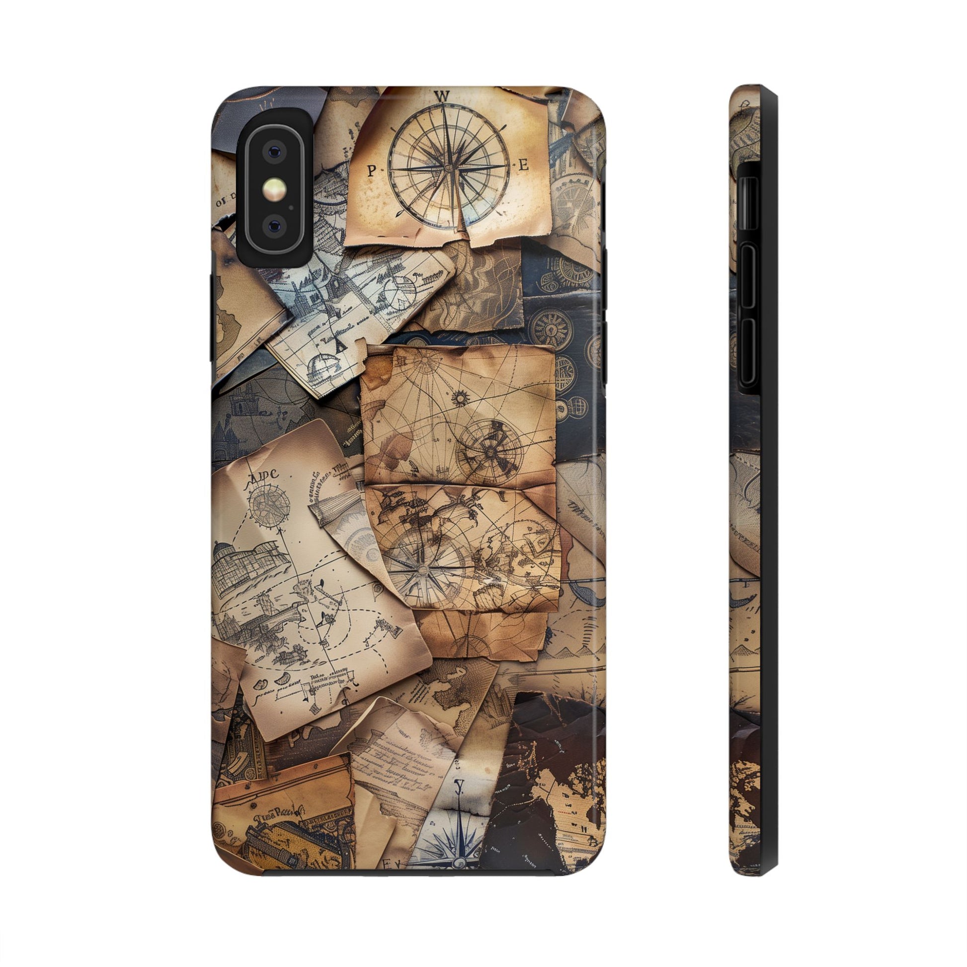 Double Layer Adventure Phone Case - Protective Phone Case Vintage Map and Compass Design - Dual Layer Case with Map Print