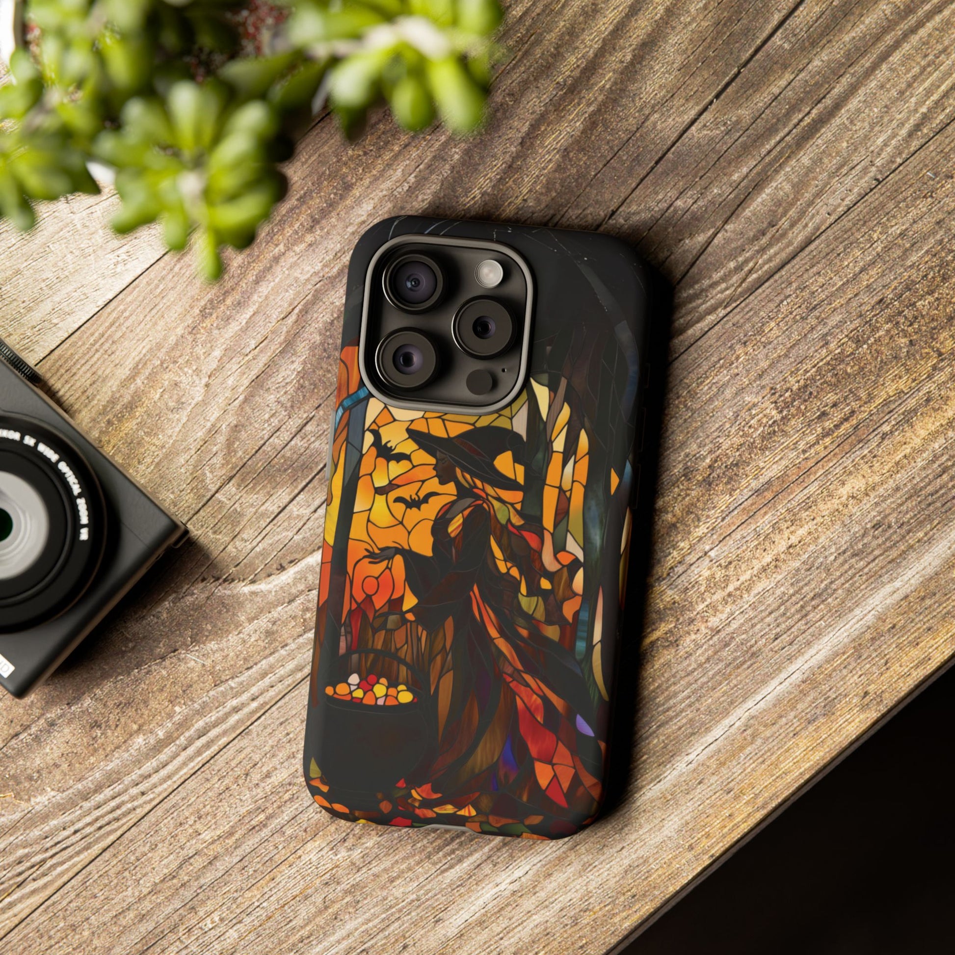 Halloween Witch Stained Glass Effect Dark Academia Spooky Fall Witchy Pumpkin Bats Seasonal Fall Mosaic Case iPhone 13 14 15 16 Pro Max