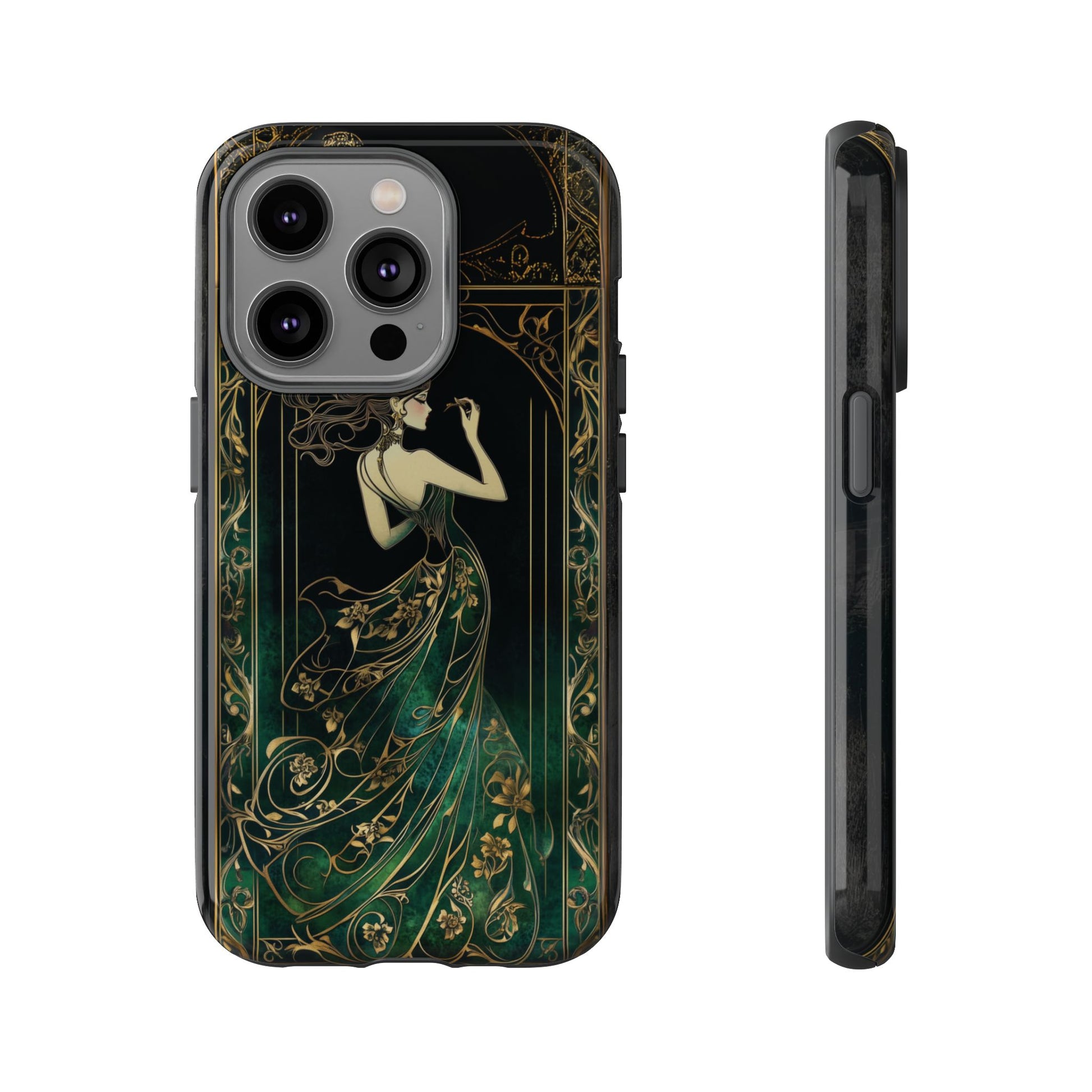 Art Deco Flapper Woman Phone Case 1920s Art Nouveau Design in Emerald & Gold Alphonse Mucha Style Gatsby Style Poster
