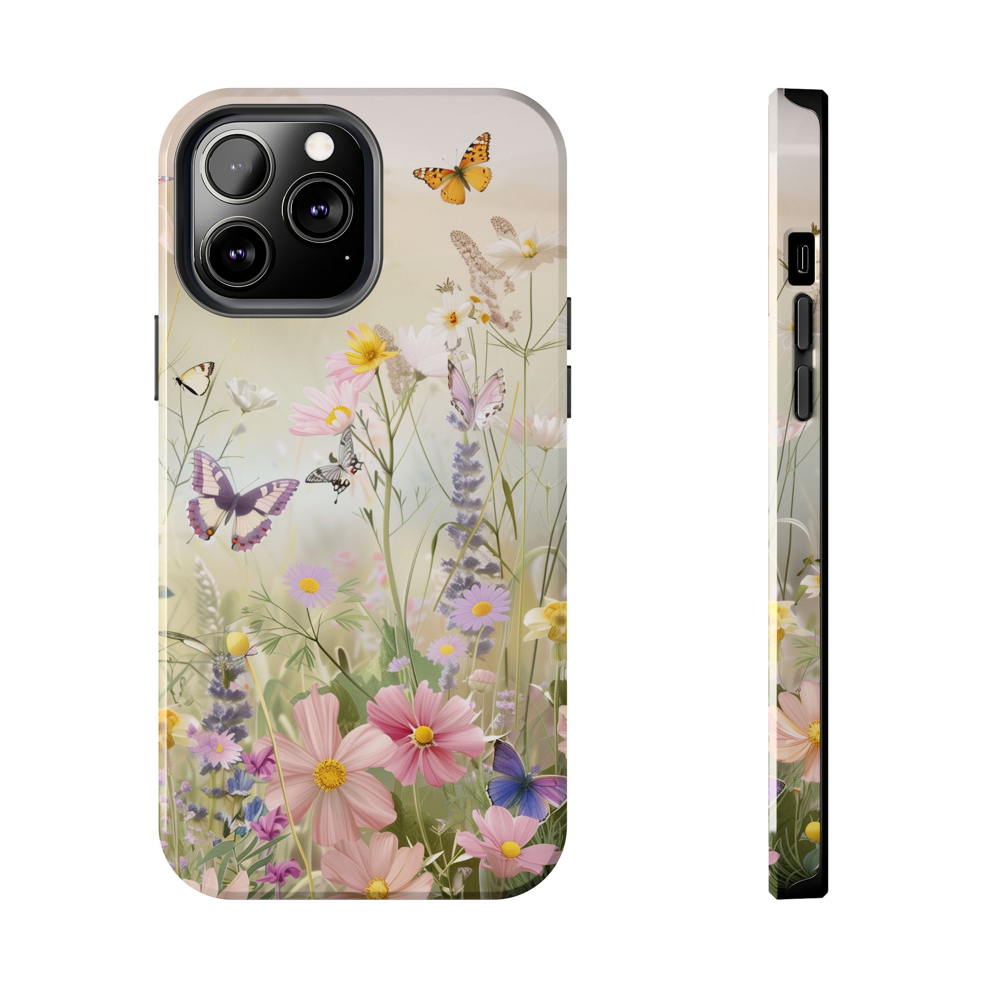 Butterfly Meadow Scene Cottagecore iPhone 15, Pastel Wildflowers & Butterflies, Natural iPhone Case, Cottagecore Garden Case, iPhone 14