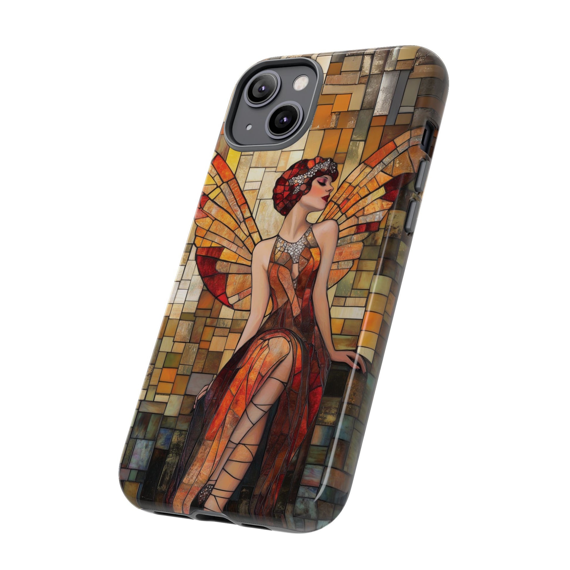 Phone Case Art Deco Flapper Fairy Woman Mosaic Stained 1920s Art Nouveau Design in Red Yellow Orange Alphonse Mucha Gatsby Style Poster