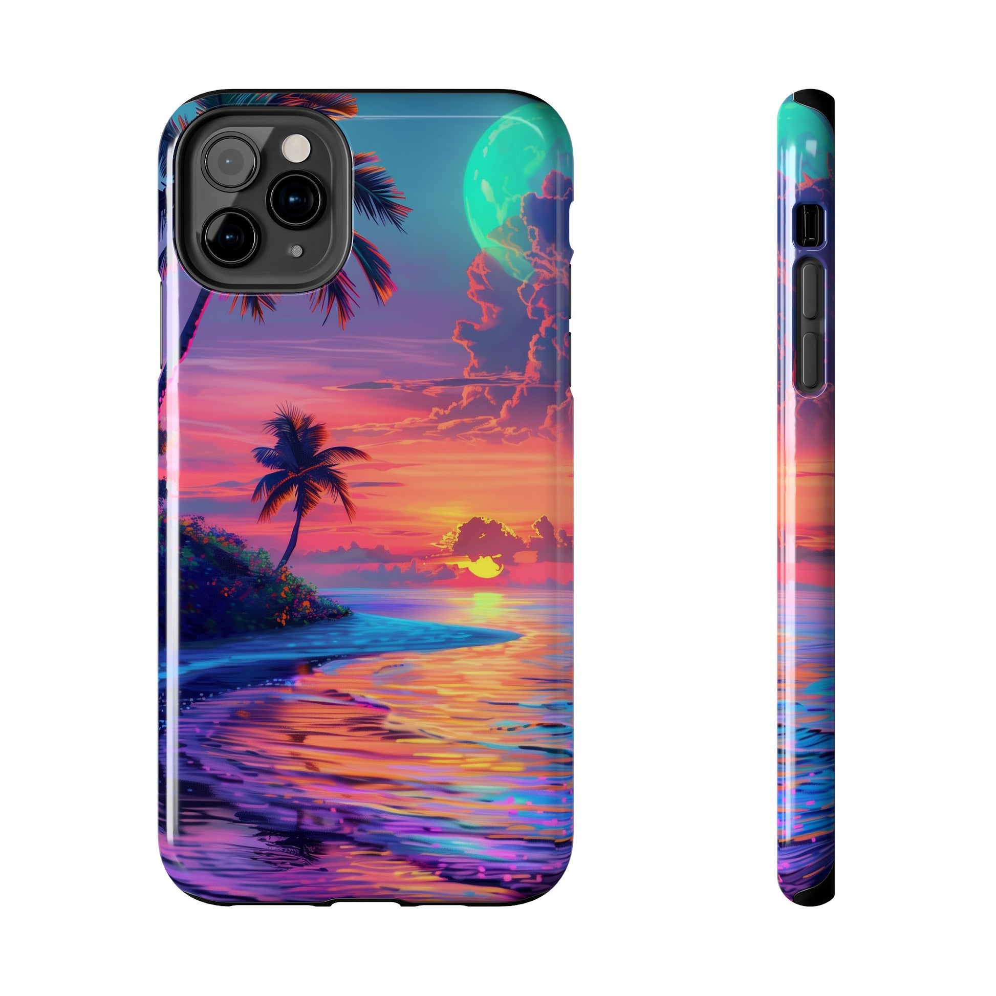 Tough Beach Scene Phone Case - Durable Phone Cover with Lisa Frank Inspired Beach Art - Protective Case with Vibrant Beach Design
