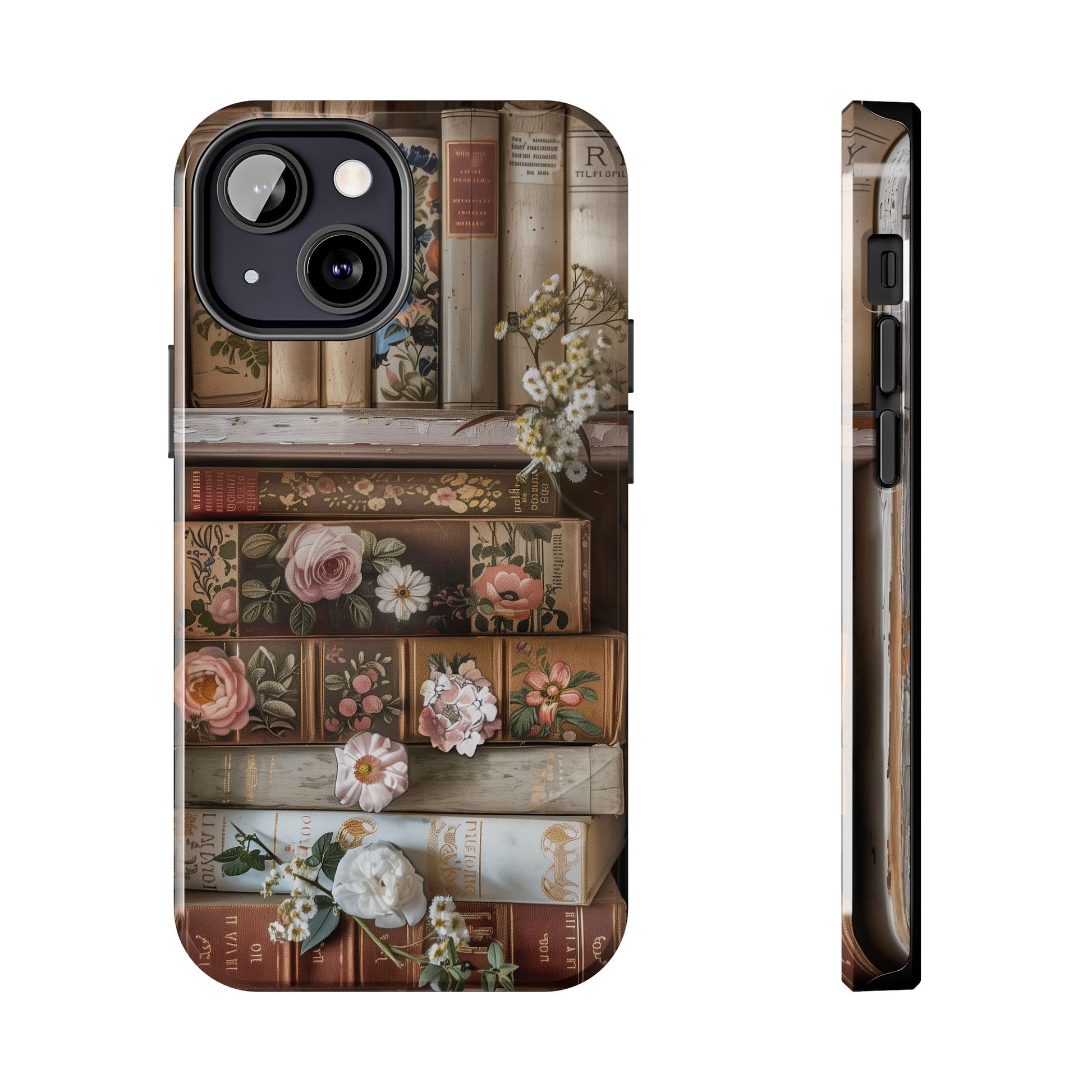 Vintage Book Stack Cottagecore Phone Case, Books with Floral Decor, Leather & Cloth Fliral iPhone Case, Pastel Roses Daisies Wildflowers