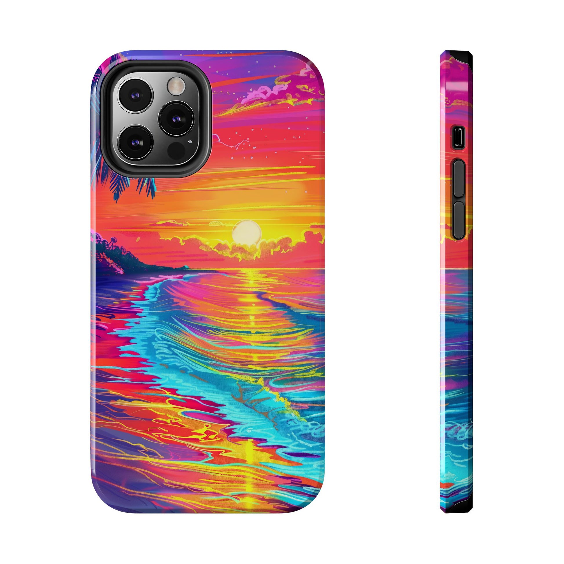 Tough Beach Sunrise Phone Case - Durable Case Lisa Frank Inspired Beach Art - Vibrant Beach Design - Colorful Phone Case for Beach Lovers