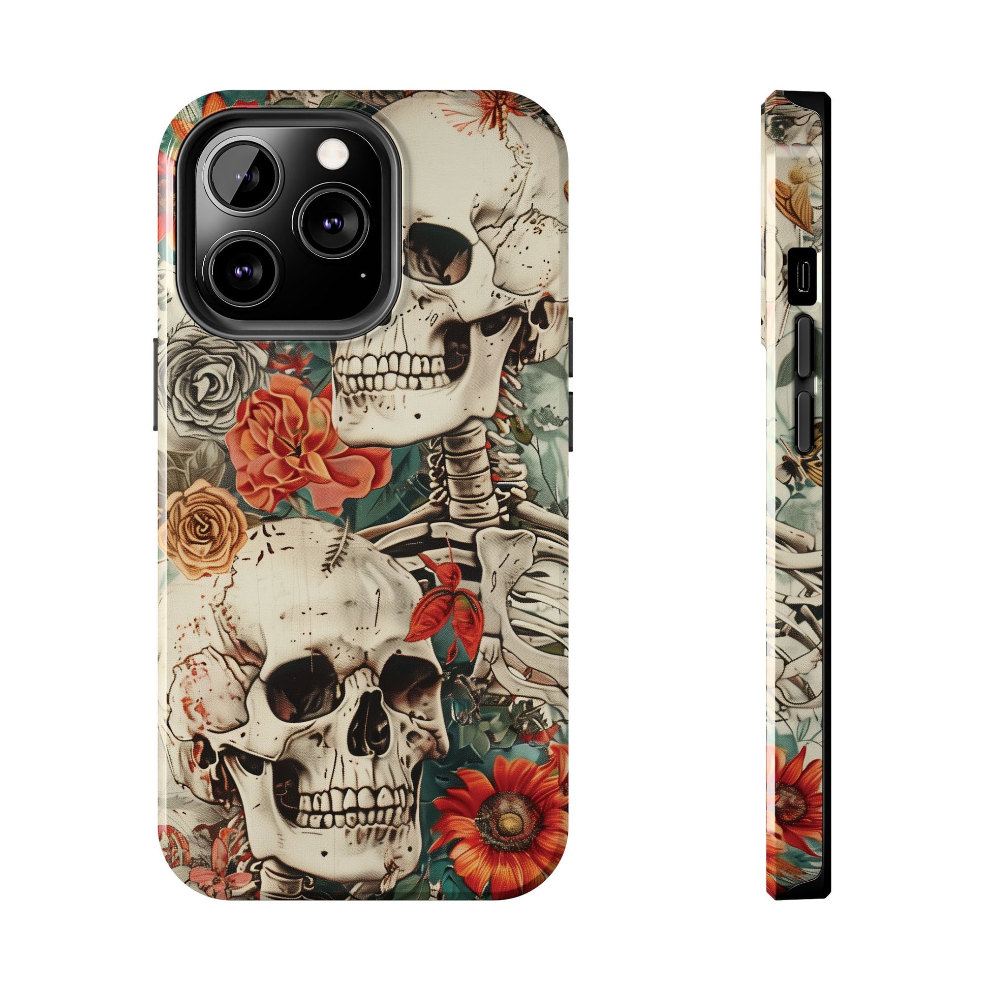 Skulls Floral Phone Case, Flowers and Skeletons , Halloween Cottagecore Day of the Dead, iPhone Dia de Los Muertos Gothic