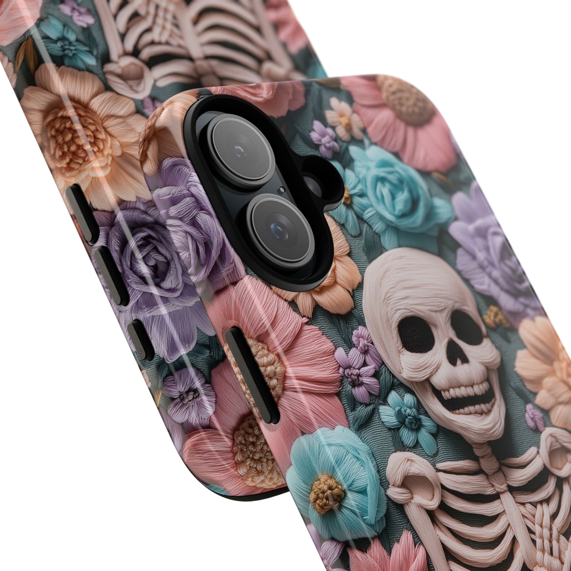 Embroidered Skeleton Gothic Cottagecore Halloween Phone Case 3D Look Flowers Pastel Custom 13 14 15 16 Pro Max Plus Galaxy Pixel