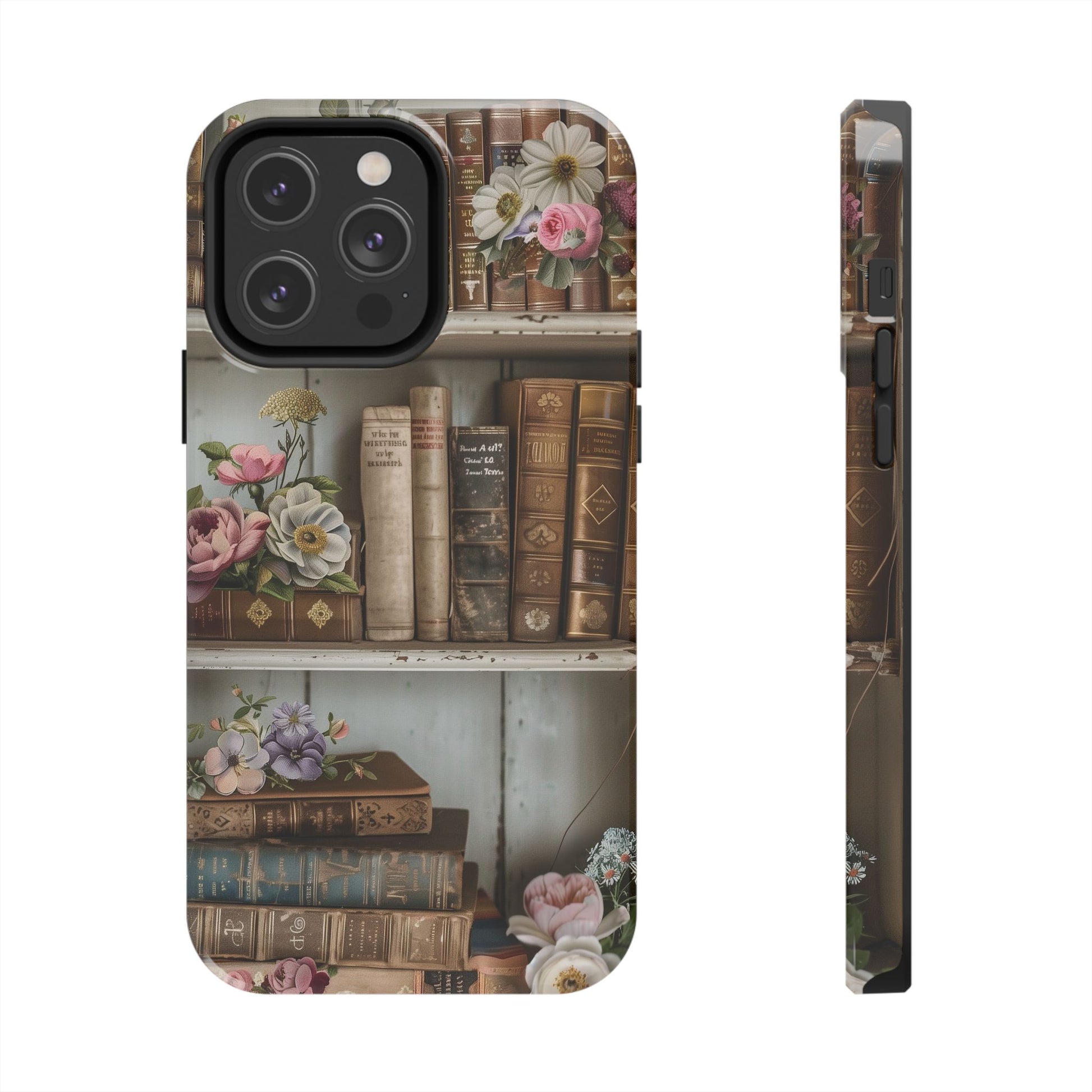 Vintage Book Stack Cottagecore Phone Case, Books with Floral Decor, Leather & Cloth Fliral iPhone Case, Pastel Roses Daisies Wildflowers