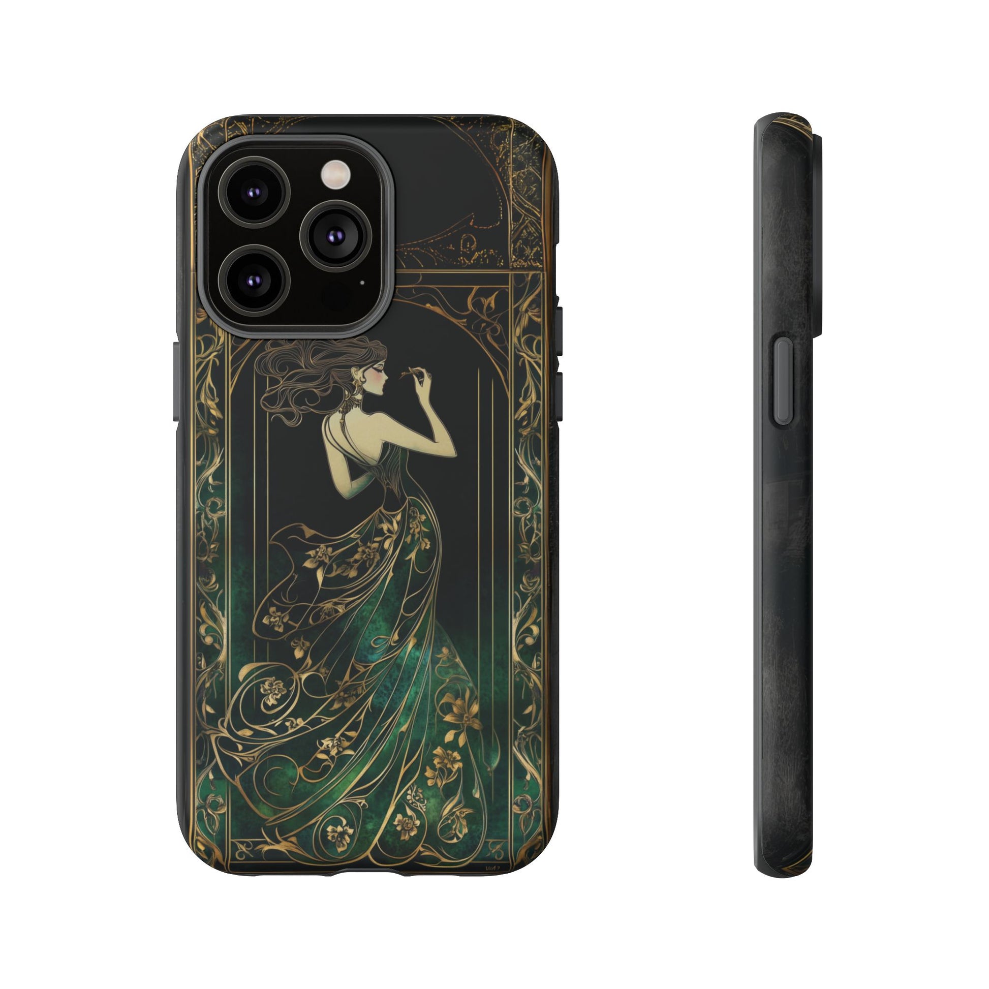 Art Deco Flapper Woman Phone Case 1920s Art Nouveau Design in Emerald & Gold Alphonse Mucha Style Gatsby Style Poster