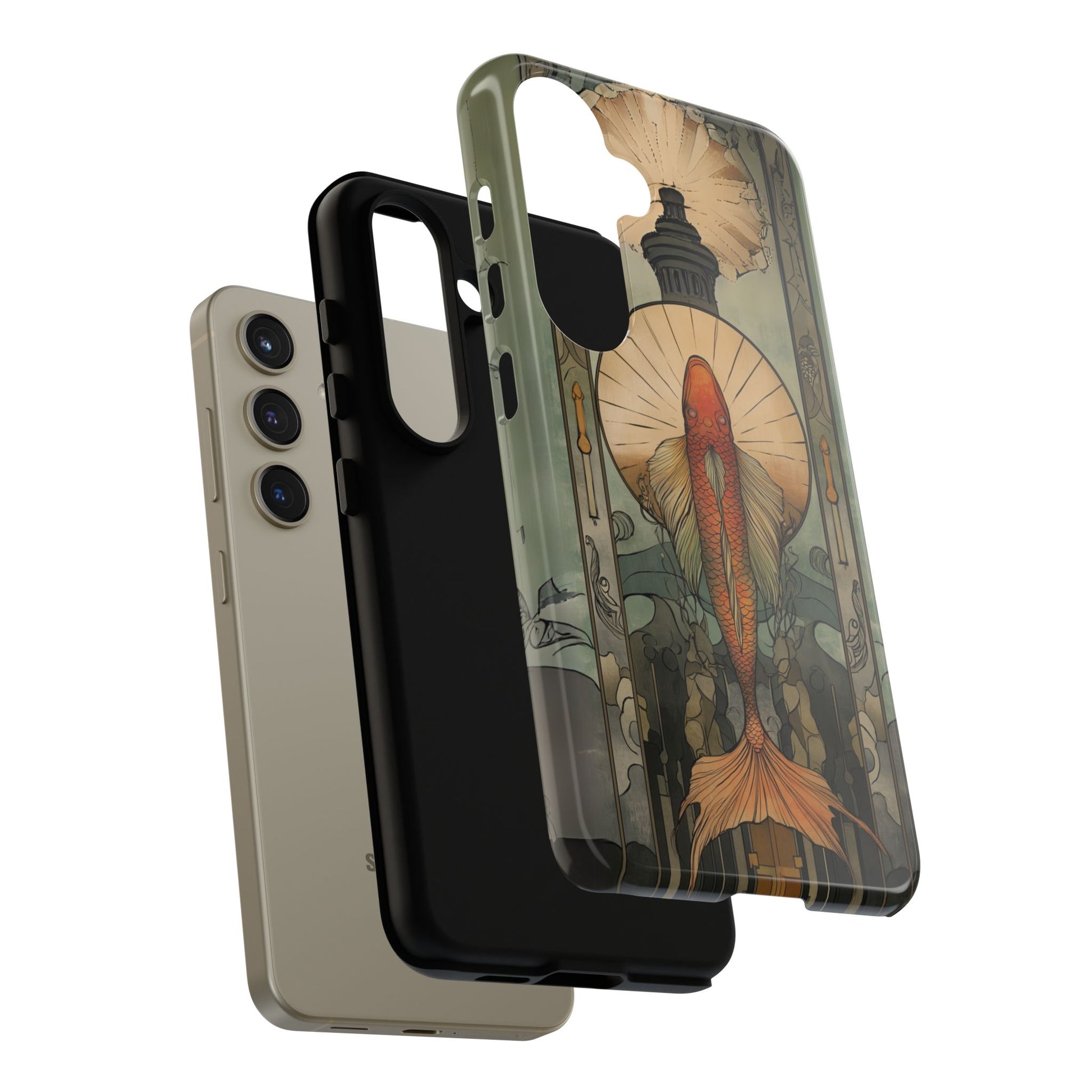 Art Deco Fish Frank Lloyd Wright Inspired Phone Case Geometric Stained Glass Art Deco Gold 13 14 15 16 iPhone Pro Max Galaxy Pixel