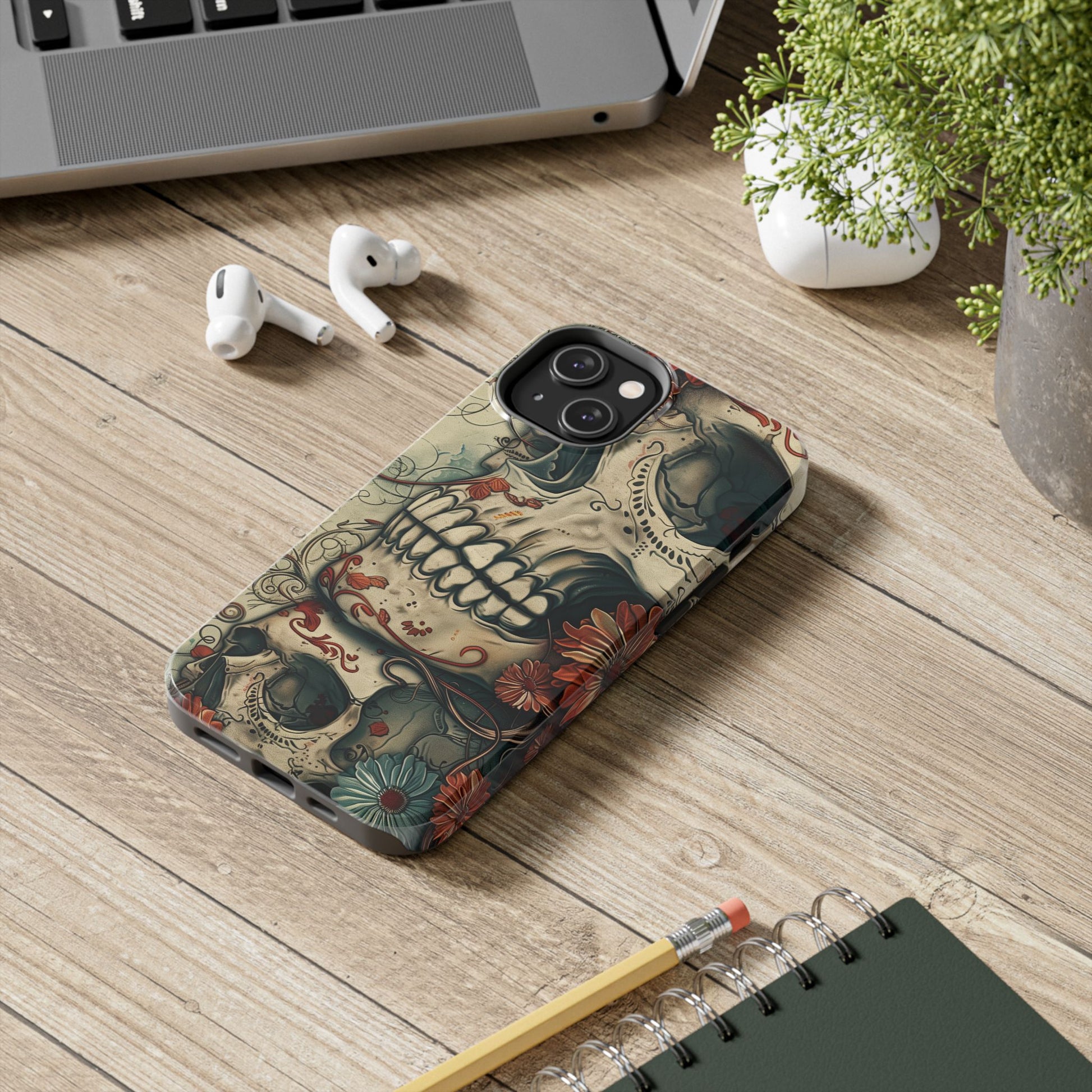 Skulls Floral Phone Case, Flowers and Skeletons , Halloween Cottagecore Day of the Dead, iPhone Dia de Los Muertos Gothic