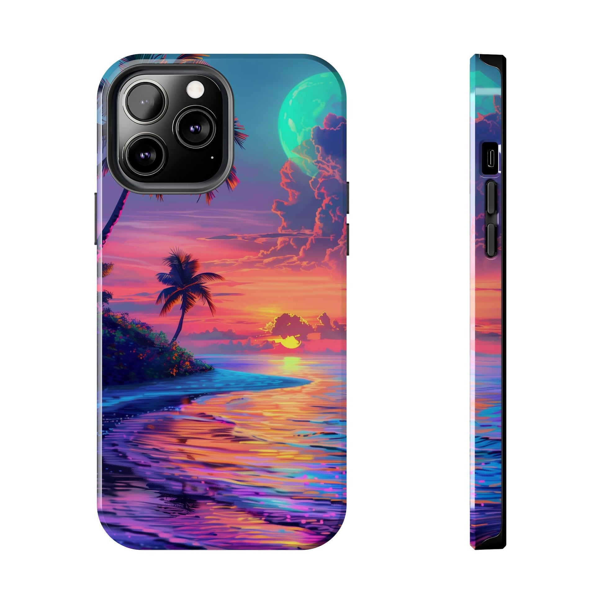 Tough Beach Scene Phone Case - Durable Phone Cover with Lisa Frank Inspired Beach Art - Protective Case with Vibrant Beach Design