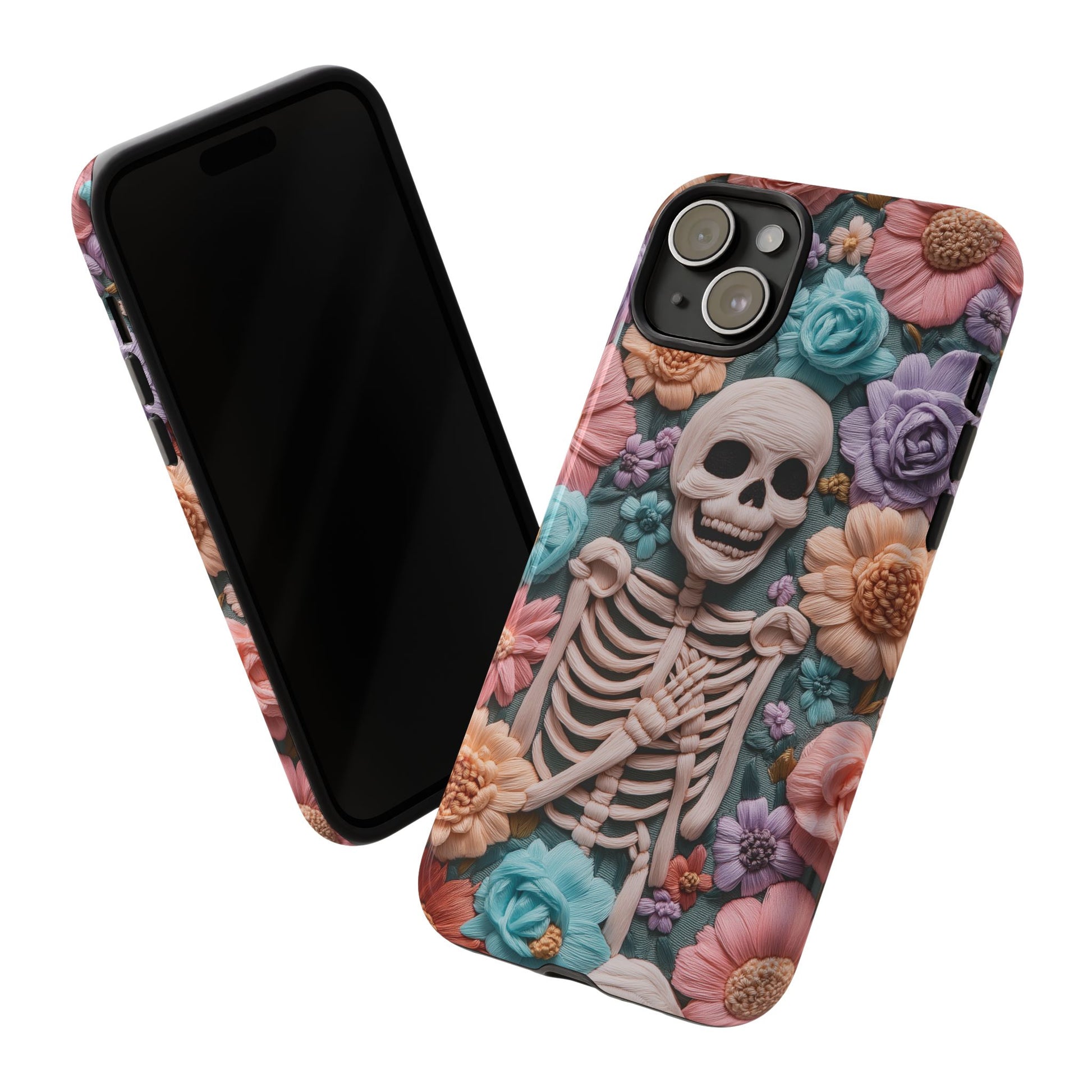 Embroidered Skeleton Gothic Cottagecore Halloween Phone Case 3D Look Flowers Pastel Custom 13 14 15 16 Pro Max Plus Galaxy Pixel