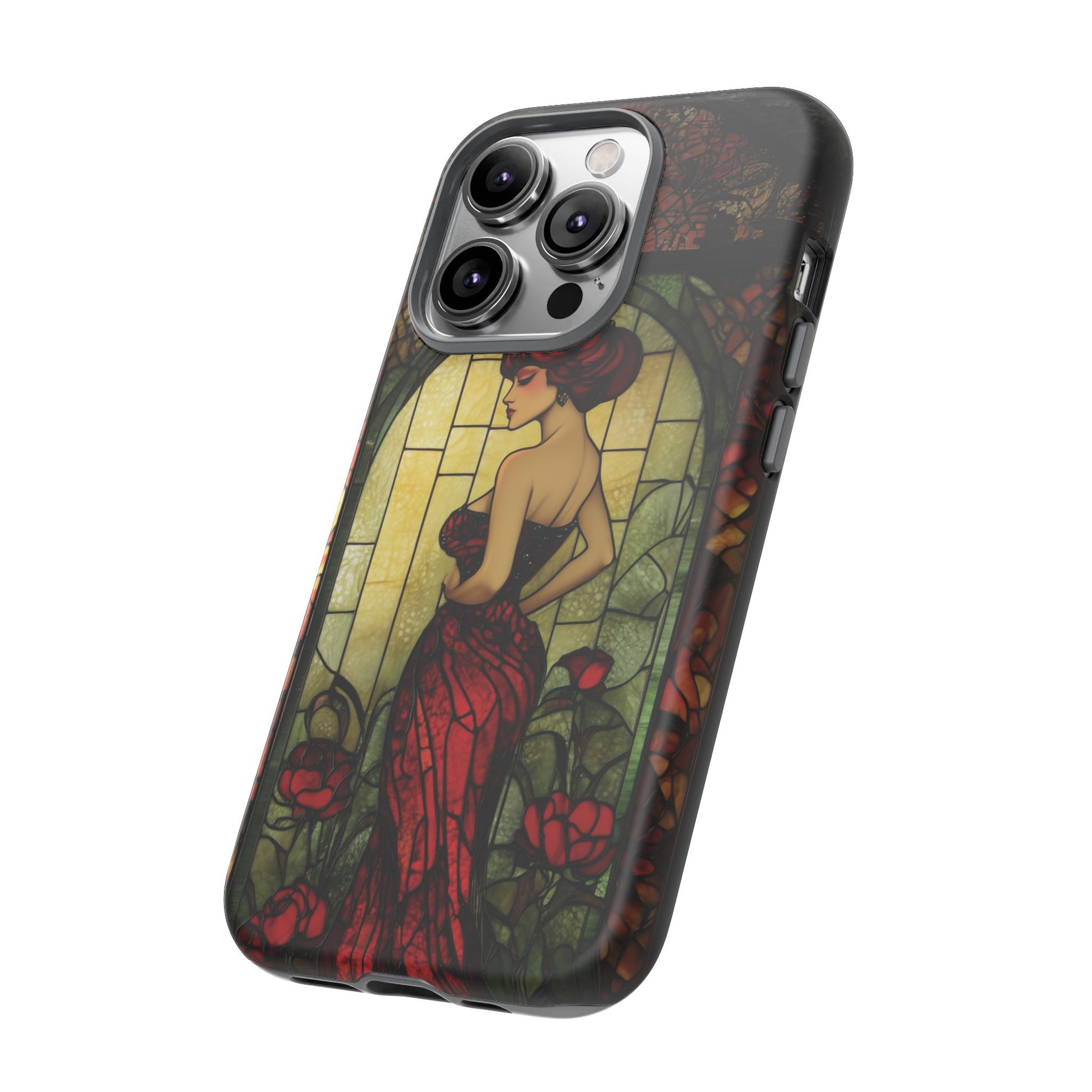 Art Deco Flapper Woman Rose Phone Case 1920s Art Nouveau Design in Red Stained Glass Alphonse Mucha Style Gatsby Style Poster