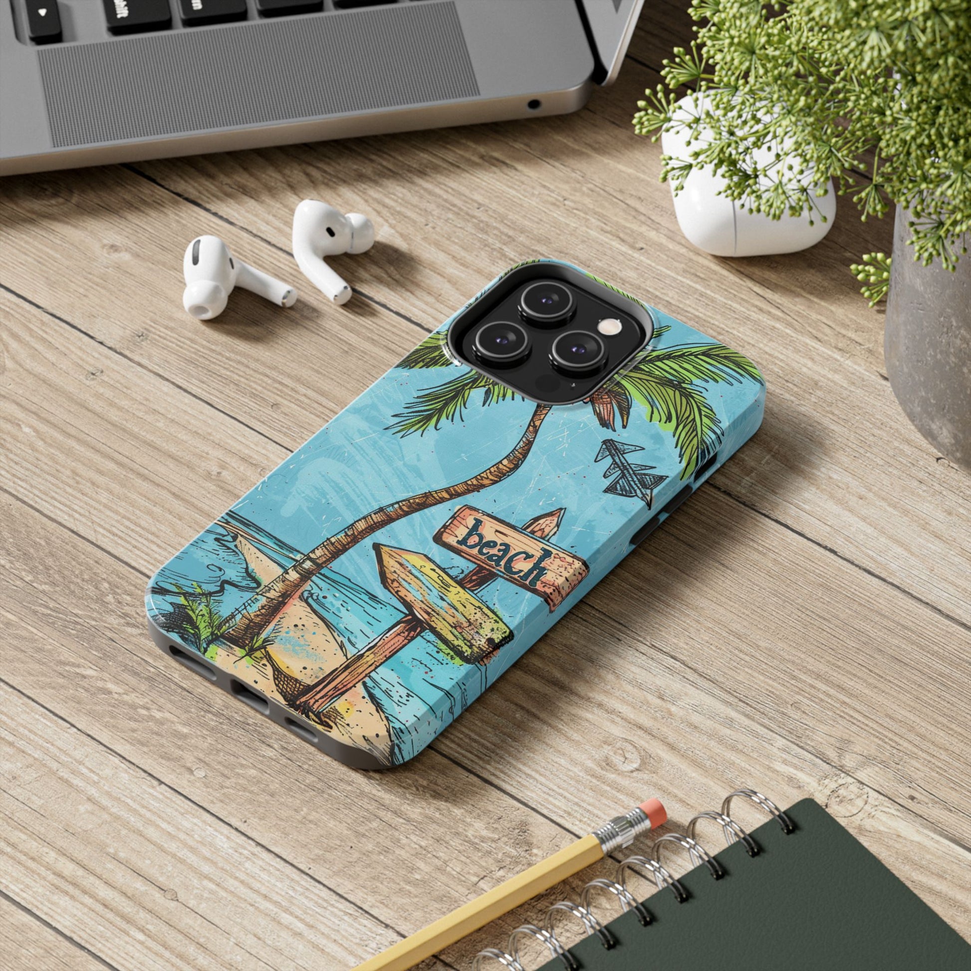 Whimsical Beach and Palm Tree Phone Case - Vibrant Colored Protective Cover for most iPhone Models, Perfect for Beach Lovers