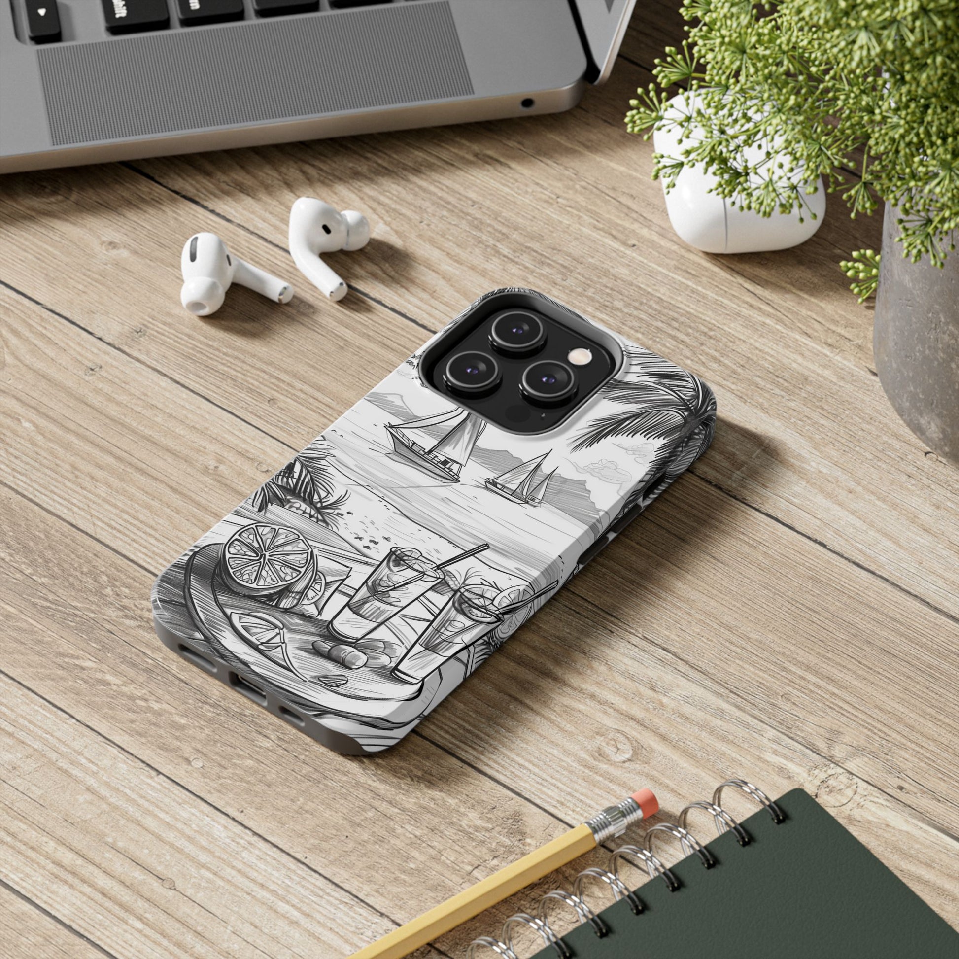 Beach Vibes Phone Case: Hand-Drawn Tiki Drinks & Tropical Paradise Design