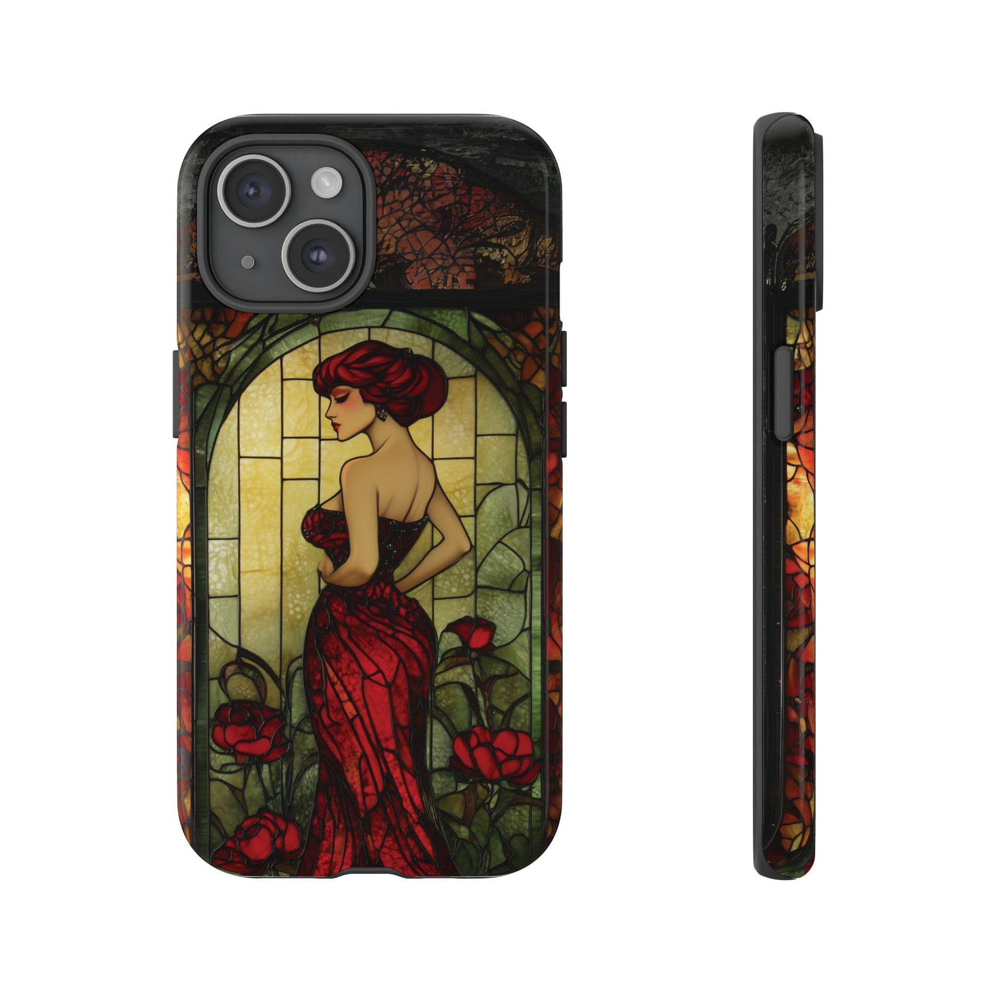 Art Deco Flapper Woman Rose Phone Case 1920s Art Nouveau Design in Red Stained Glass Alphonse Mucha Style Gatsby Style Poster