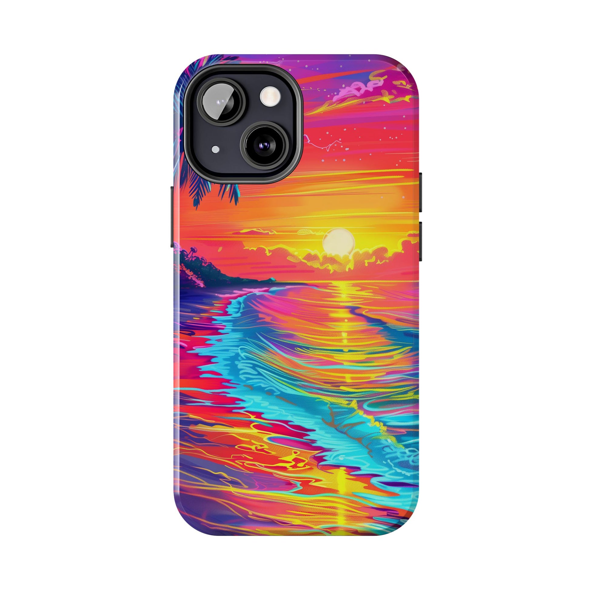 Tough Beach Sunrise Phone Case - Durable Case Lisa Frank Inspired Beach Art - Vibrant Beach Design - Colorful Phone Case for Beach Lovers