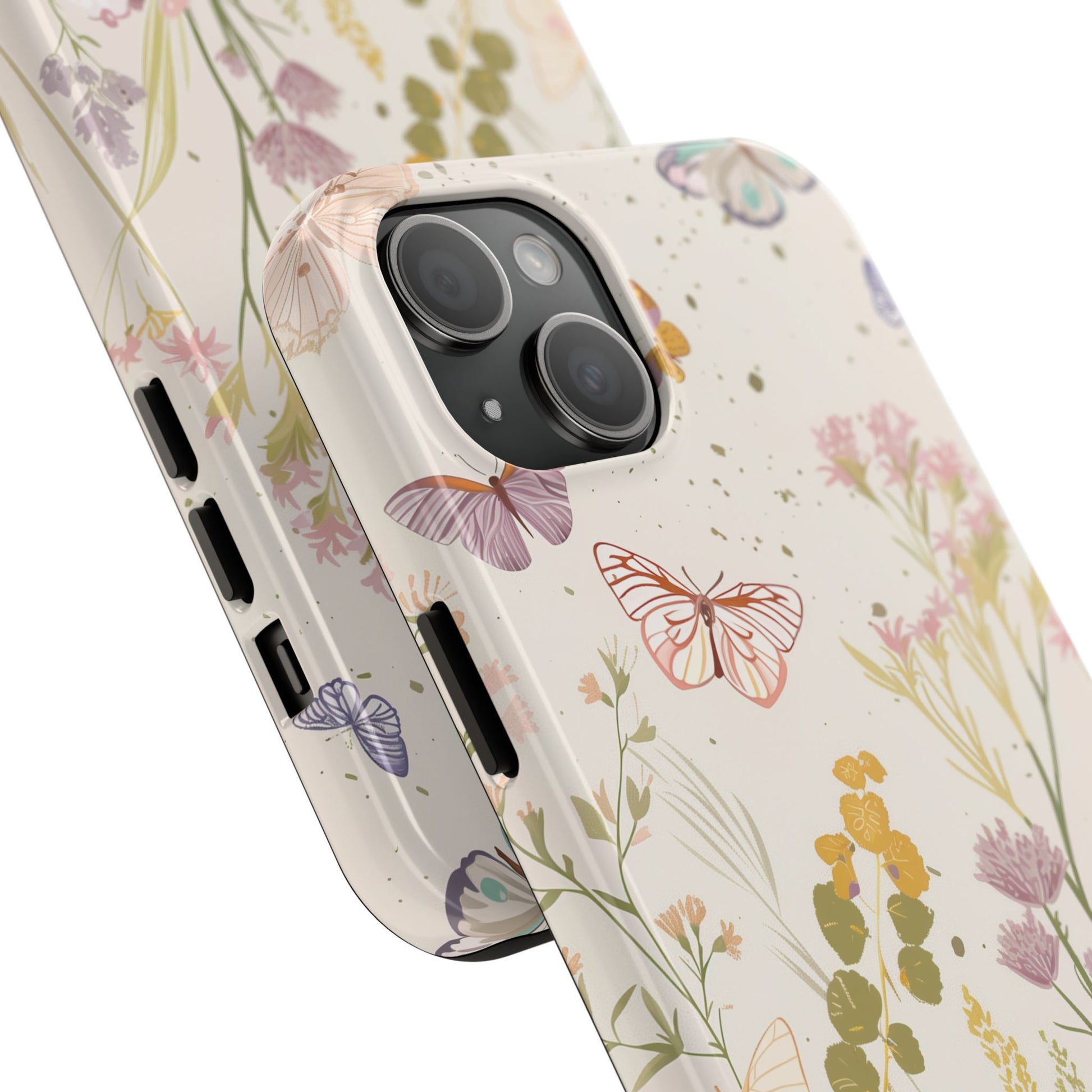 Butterfly Meadow Scene Cottagecore iPhone 15, Pastel Wildflowers & Butterflies, Natural iPhone Case, Cottagecore Garden Case, iPhone 14