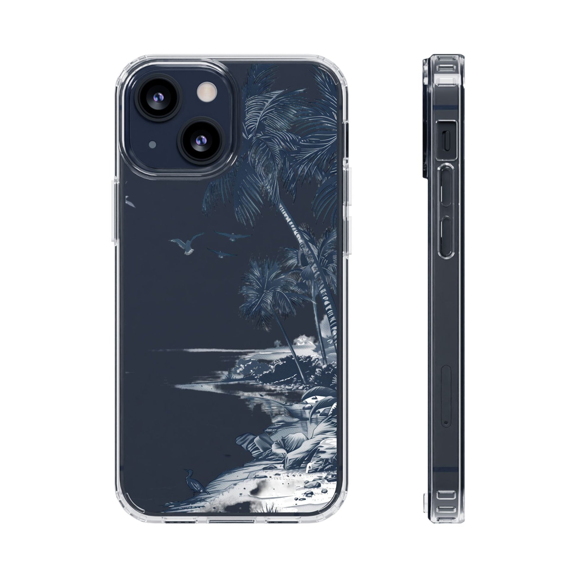Hand-Drawn Art Beach Scene Clear Phone Case Tropical Palm Trees Surfing iPhone 13 14 15 16 Pro Max Galaxy S23