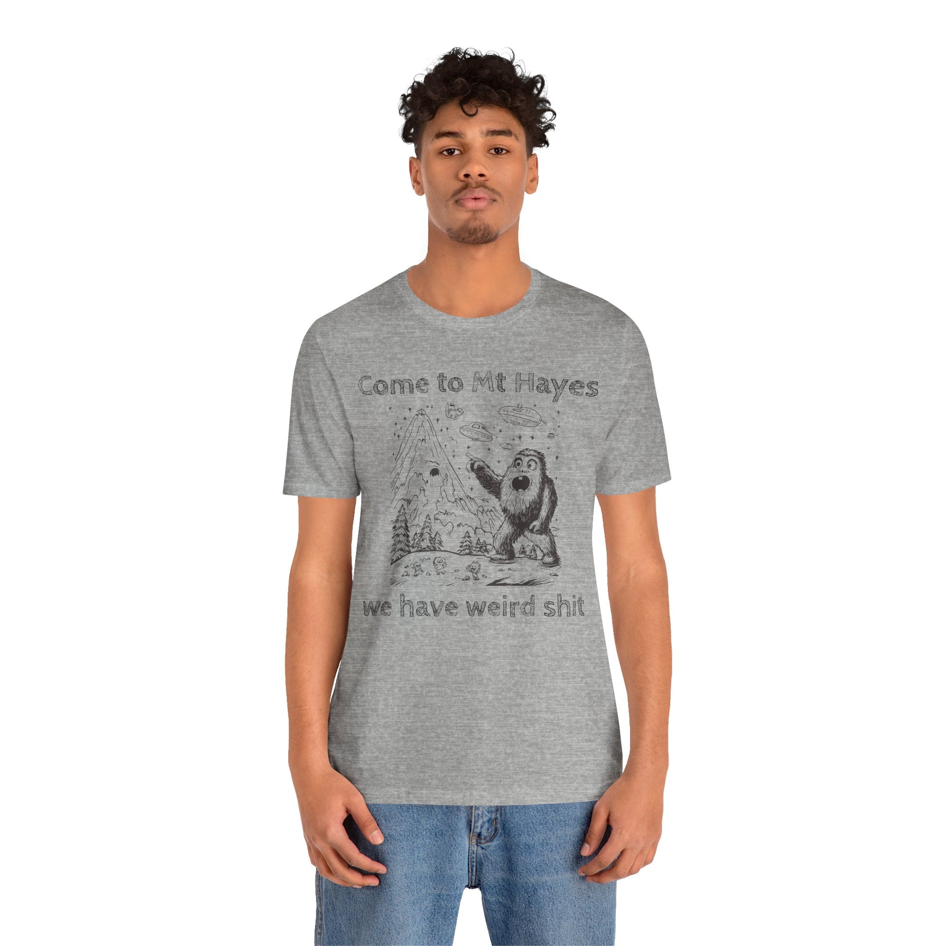 Alien Conspiracy Unisex Tee, Bigfoot Mountain Sketch Shirt, UFO Weird Stuff Tshirt, California Men's Top, Space Extraterrestrial Shirt