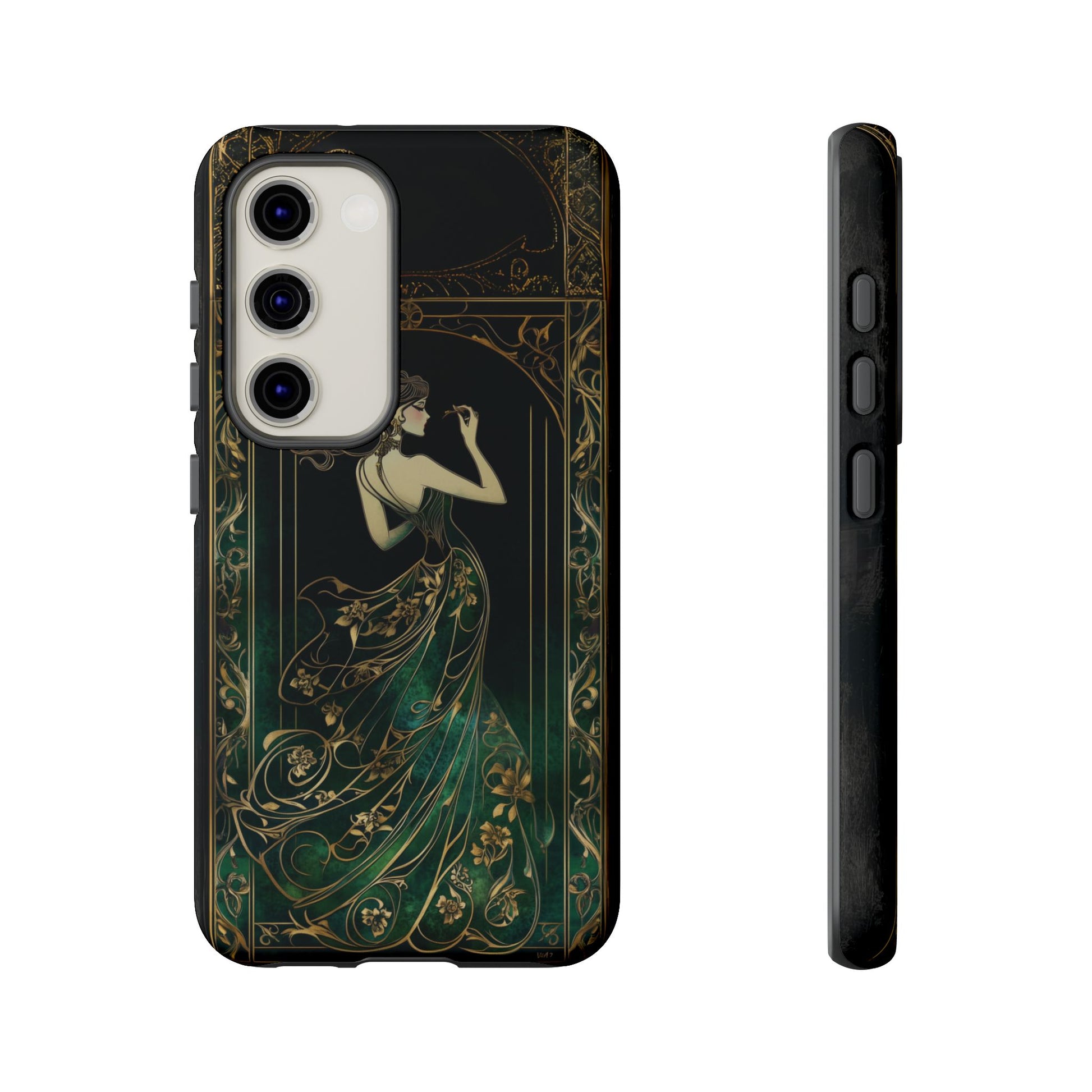 Art Deco Flapper Woman Phone Case 1920s Art Nouveau Design in Emerald & Gold Alphonse Mucha Style Gatsby Style Poster