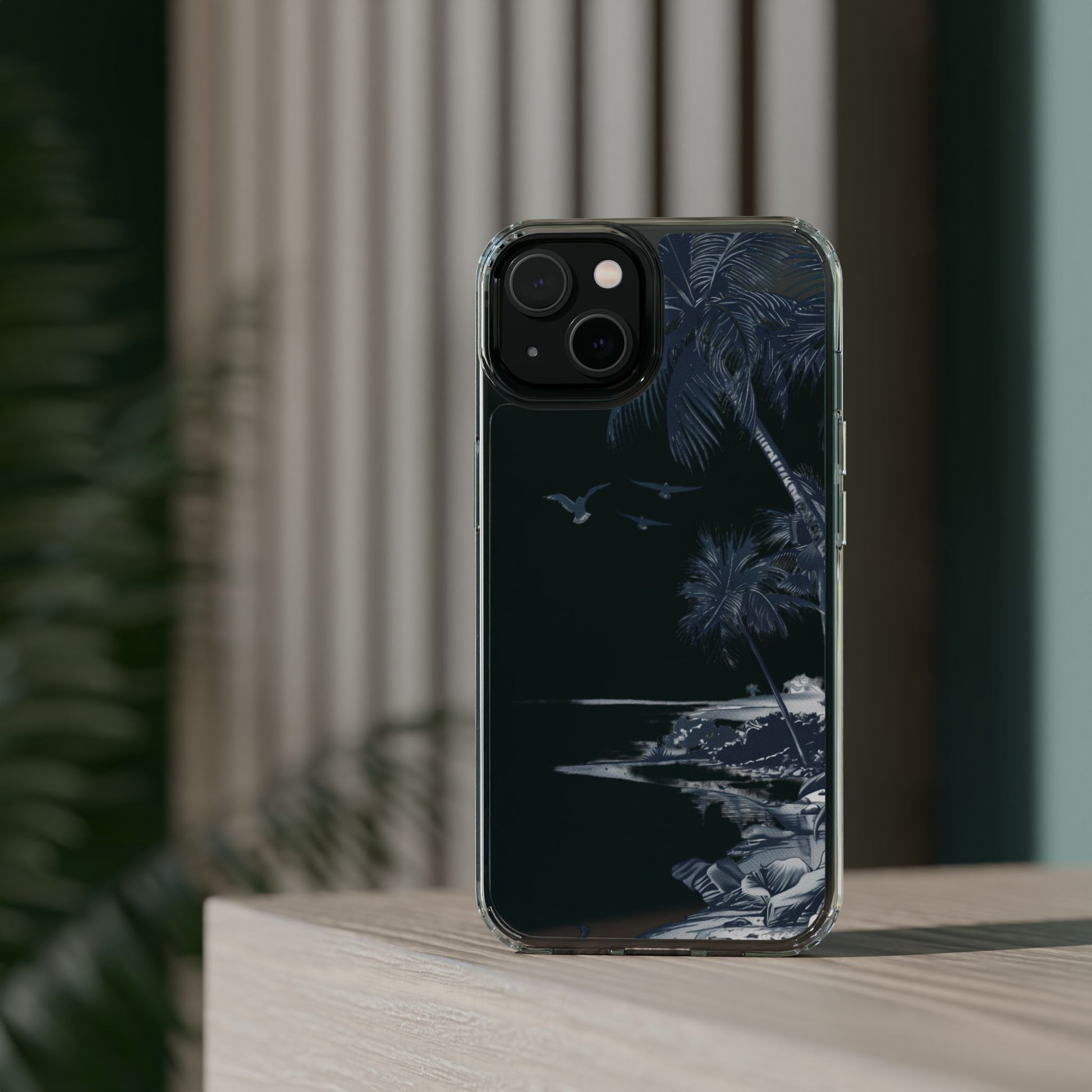 Hand-Drawn Art Beach Scene Clear Phone Case Tropical Palm Trees Surfing iPhone 13 14 15 16 Pro Max Galaxy S23