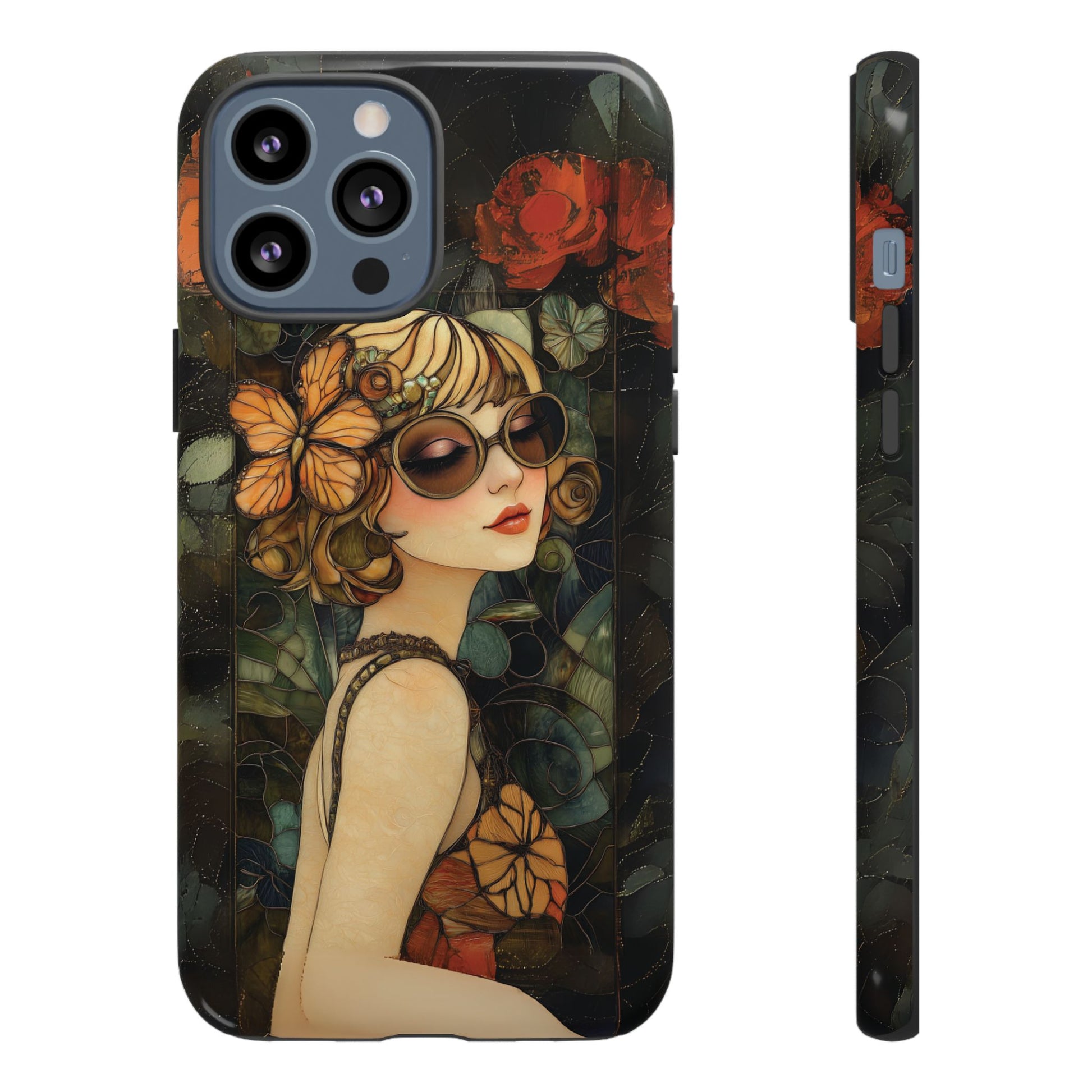 Butterfly Art Deco Flapper Woman Mosaic Phone Case 1920s Art Nouveau Design in Red Stained Glass Alphonse Mucha Style Gatsby Style Poster