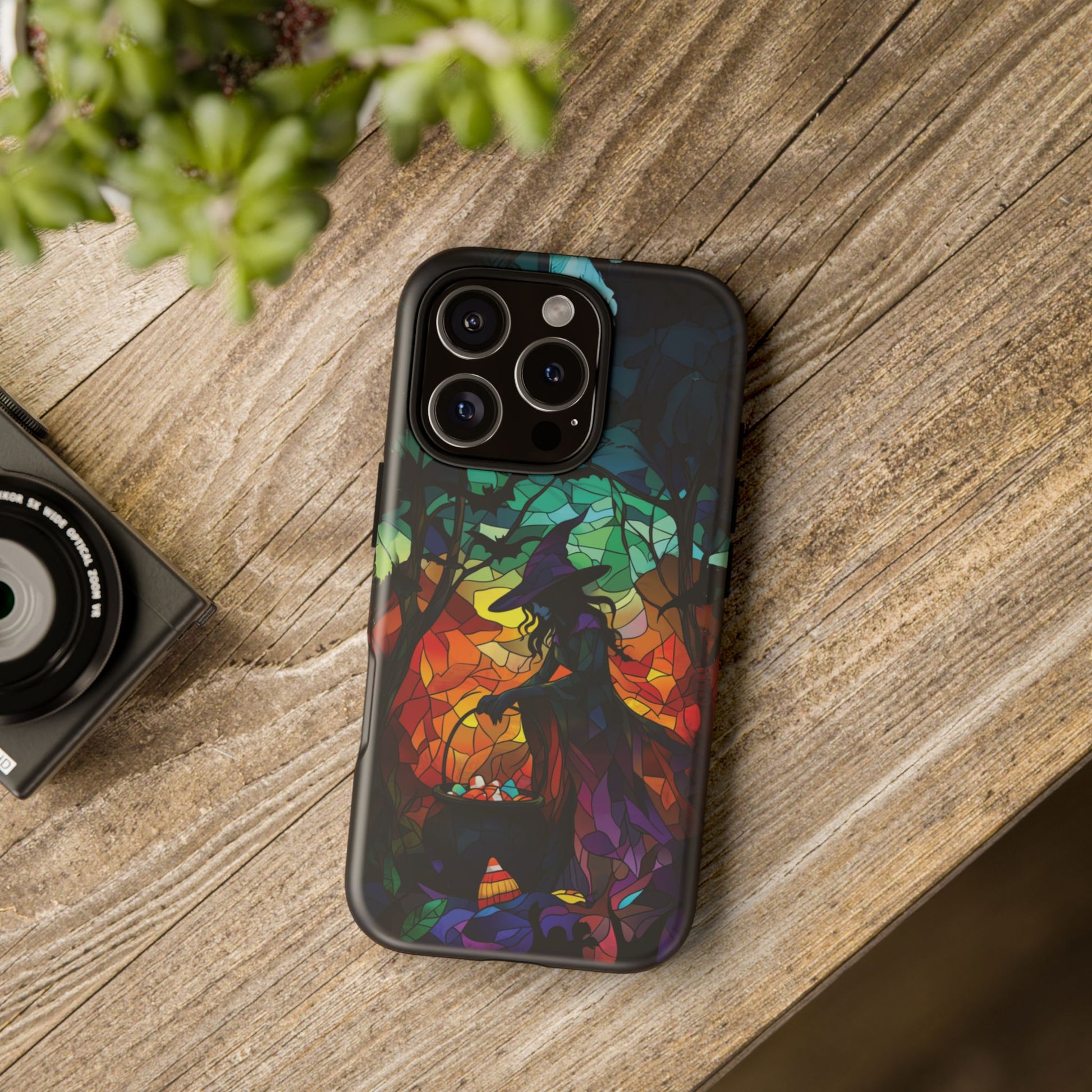 Halloween Witch Stained Glass Dark Academia Spooky Fall Witchy Pumpkin Bats Seasonal Fall Mosaic Case iPhone 13 14 15 16 Pro Max