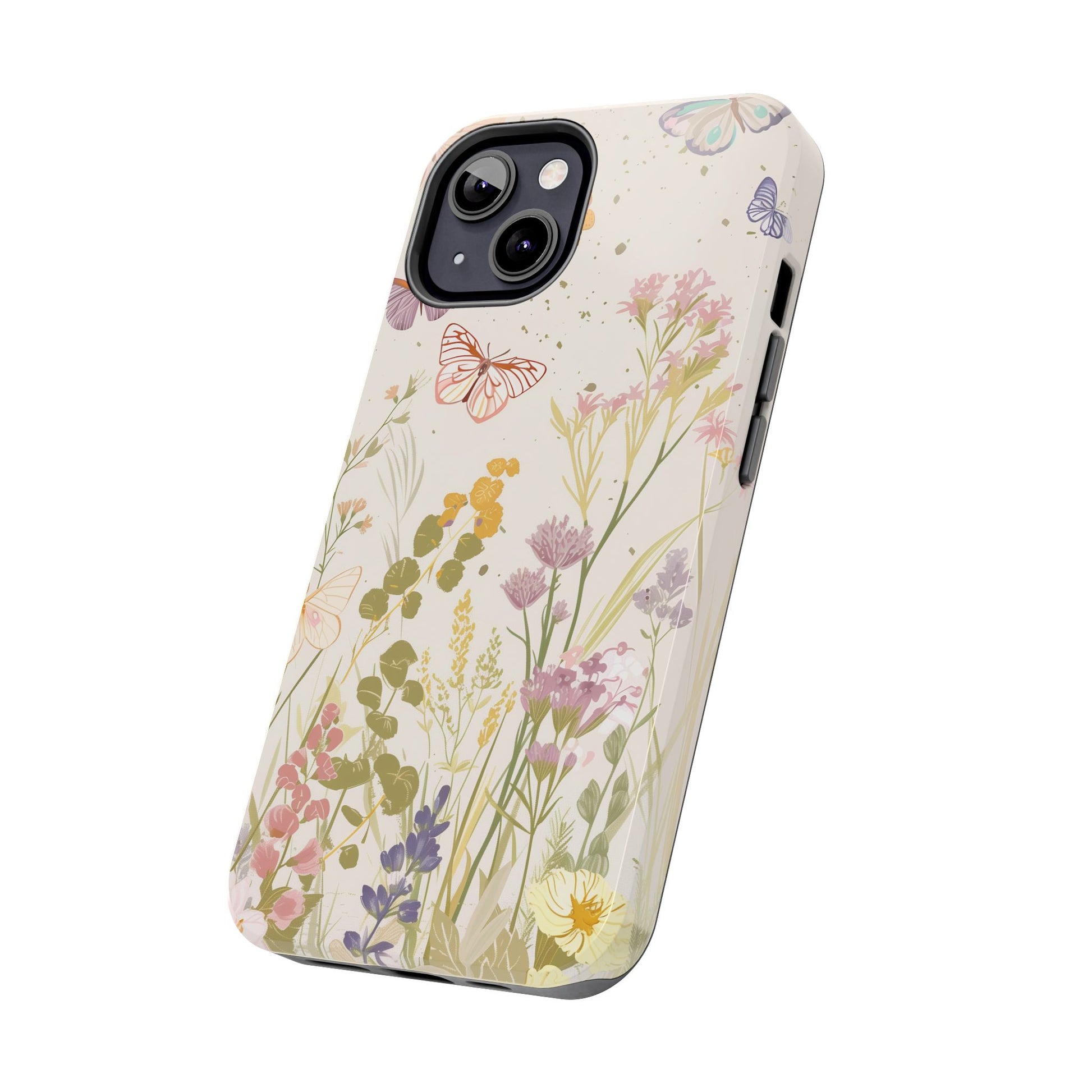 Butterfly Meadow Scene Cottagecore iPhone 15, Pastel Wildflowers & Butterflies, Natural iPhone Case, Cottagecore Garden Case, iPhone 14