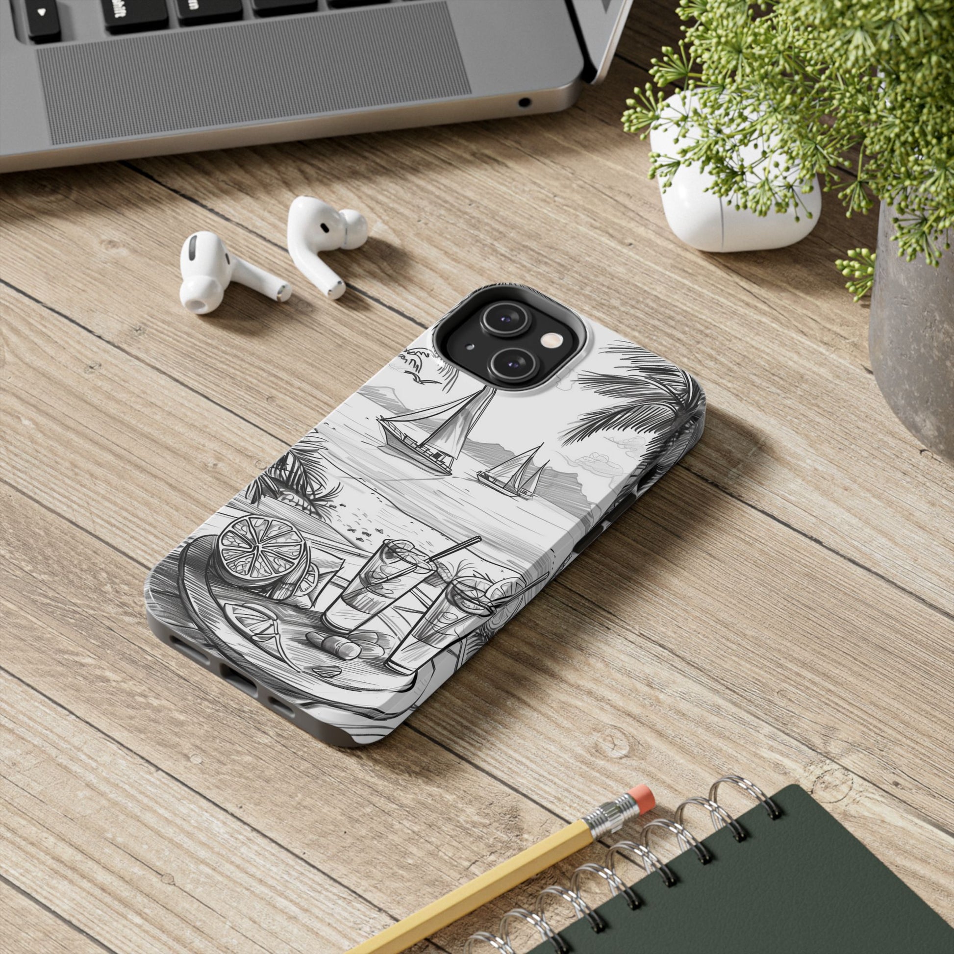 Beach Vibes Phone Case: Hand-Drawn Tiki Drinks & Tropical Paradise Design