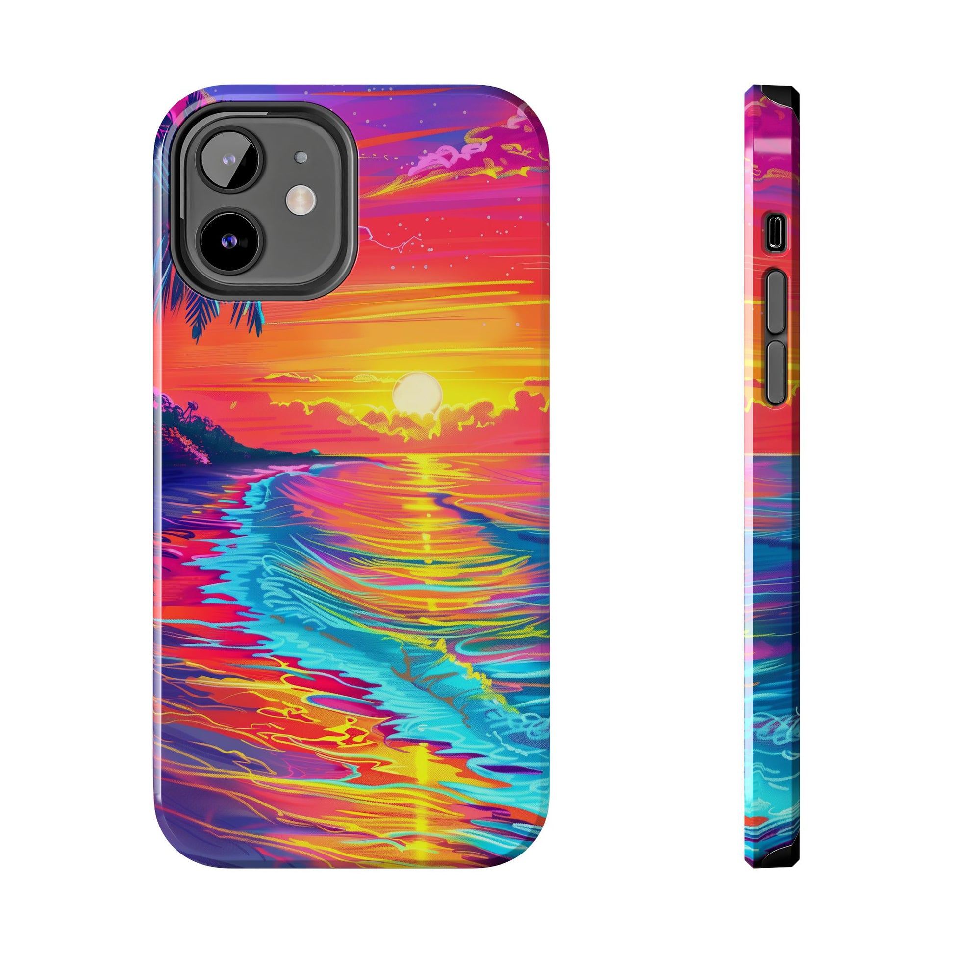 Tough Beach Sunrise Phone Case - Durable Case Lisa Frank Inspired Beach Art - Vibrant Beach Design - Colorful Phone Case for Beach Lovers