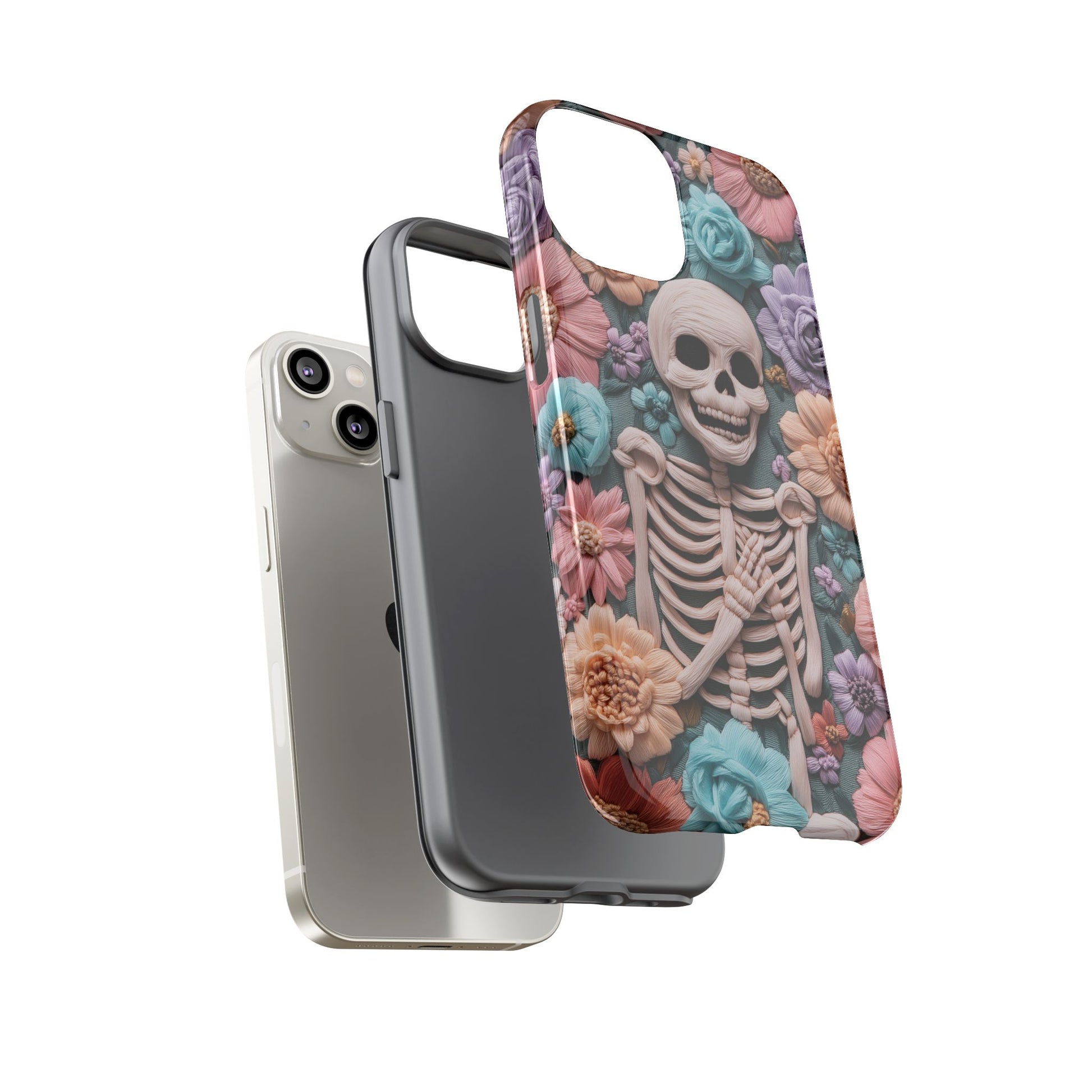 Embroidered Skeleton Gothic Cottagecore Halloween Phone Case 3D Look Flowers Pastel Custom 13 14 15 16 Pro Max Plus Galaxy Pixel