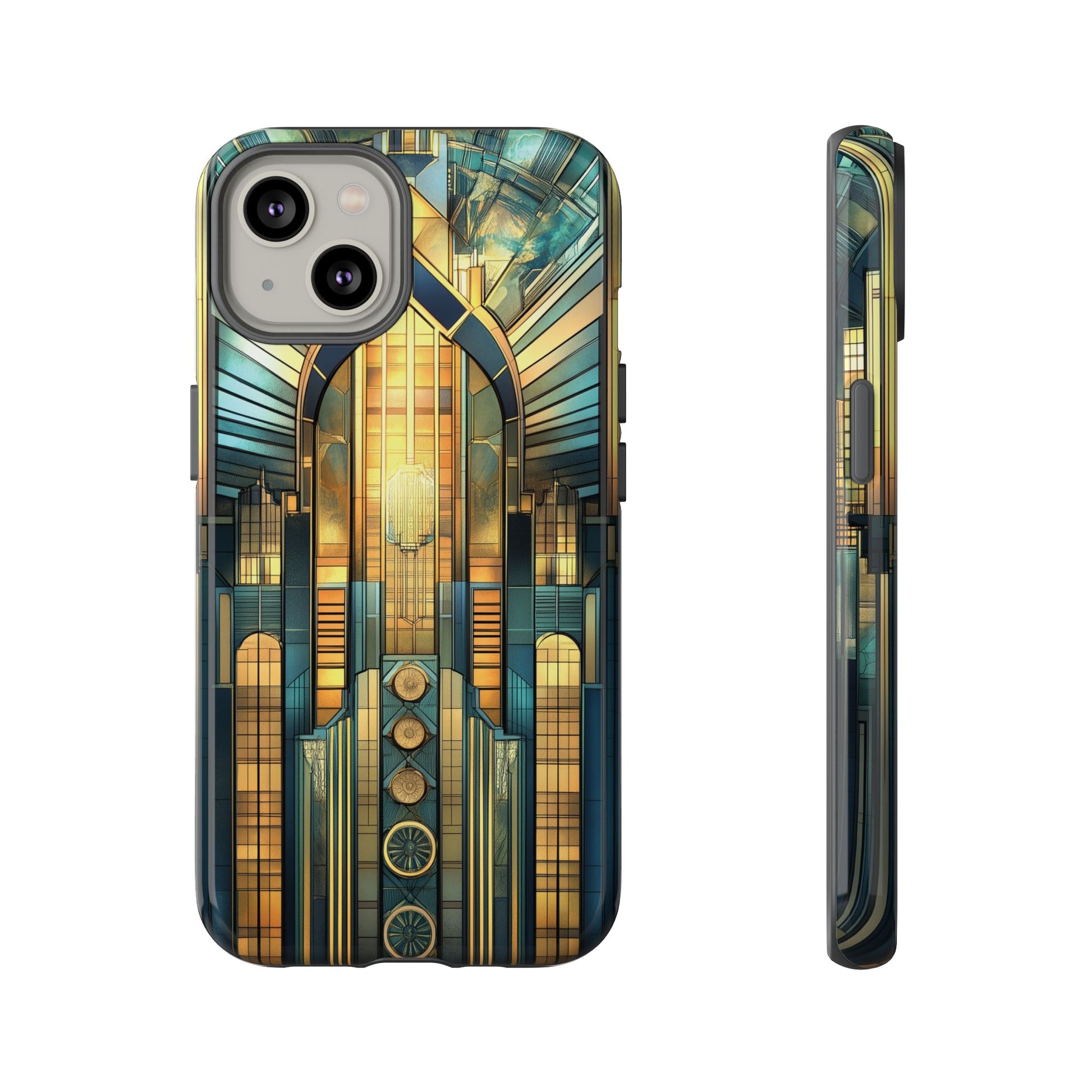 Phone Case Art Deco City Frank Lloyd Wright Teal Gold Protective Covers, Stylish Accessories, Great Gatsby Noir Nouveau iPhone 14 15 16 Pro