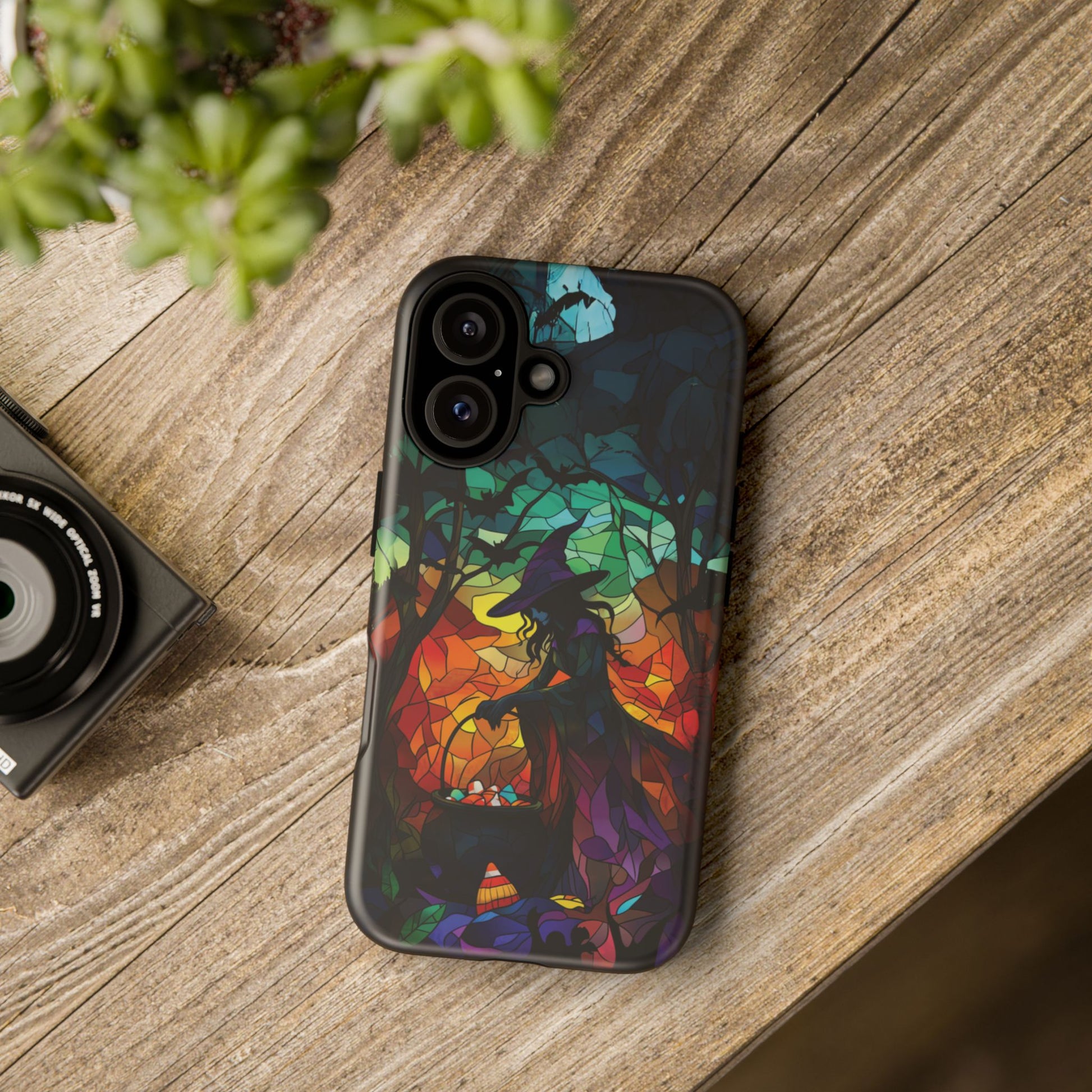 Halloween Witch Stained Glass Dark Academia Spooky Fall Witchy Pumpkin Bats Seasonal Fall Mosaic Case iPhone 13 14 15 16 Pro Max