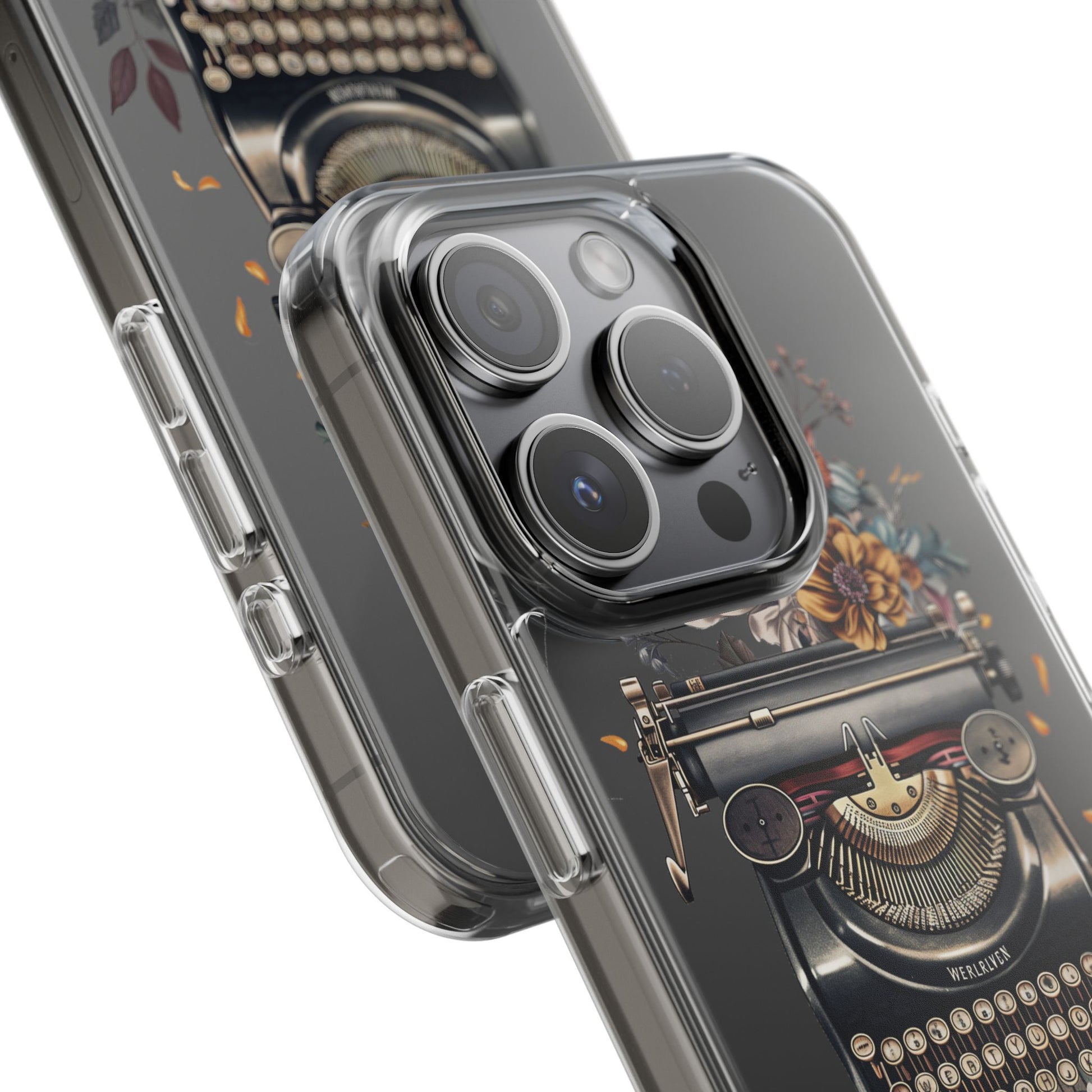 Vintage Cottagecore Typewriter Clear Phone Case with Floral Dark Academia Nostalgic Artistic Typography iPhone 13 14 15 16 Pro Max