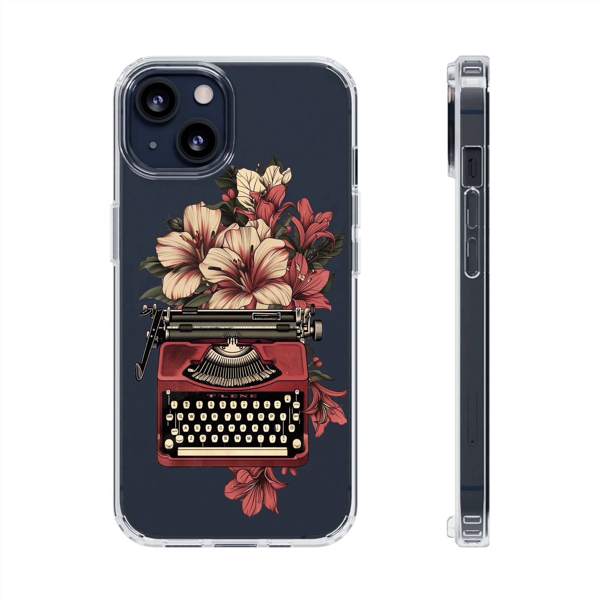 Dark Academia Clear Phone Case Vintage Typewriter Floral Accents Cottagecore Typography Nostalgic Typewriter iPhone 13 14 15 16 Pro Max