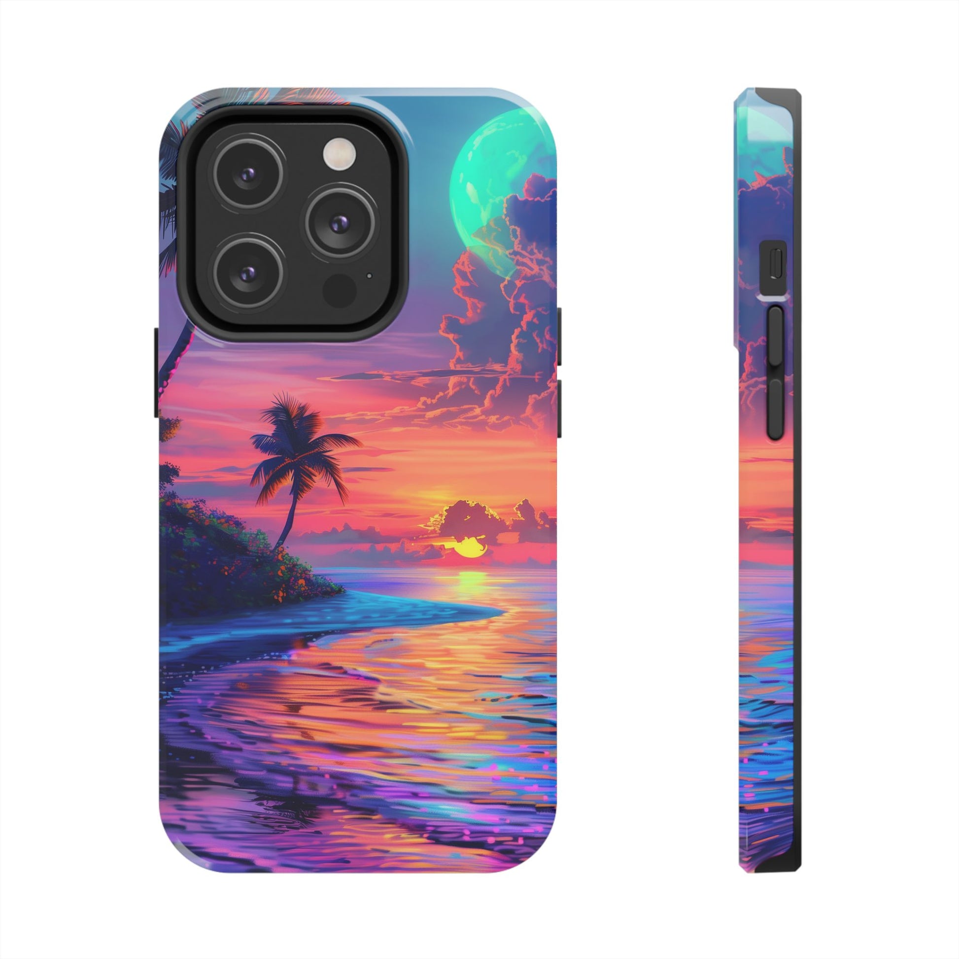 Tough Beach Scene Phone Case - Durable Phone Cover with Lisa Frank Inspired Beach Art - Protective Case with Vibrant Beach Design