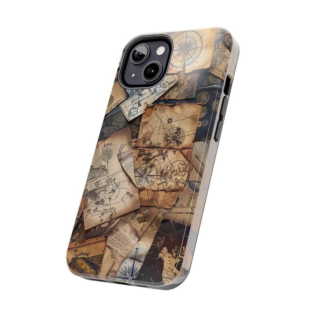 Double Layer Adventure Phone Case - Protective Phone Case Vintage Map and Compass Design - Dual Layer Case with Map Print