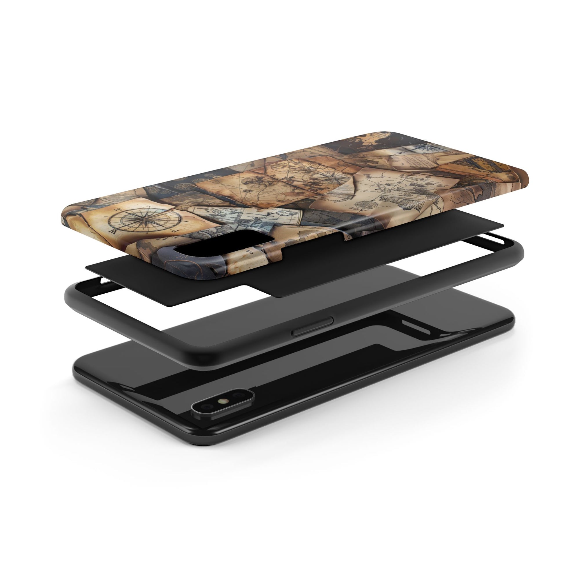 Double Layer Adventure Phone Case - Protective Phone Case Vintage Map and Compass Design - Dual Layer Case with Map Print