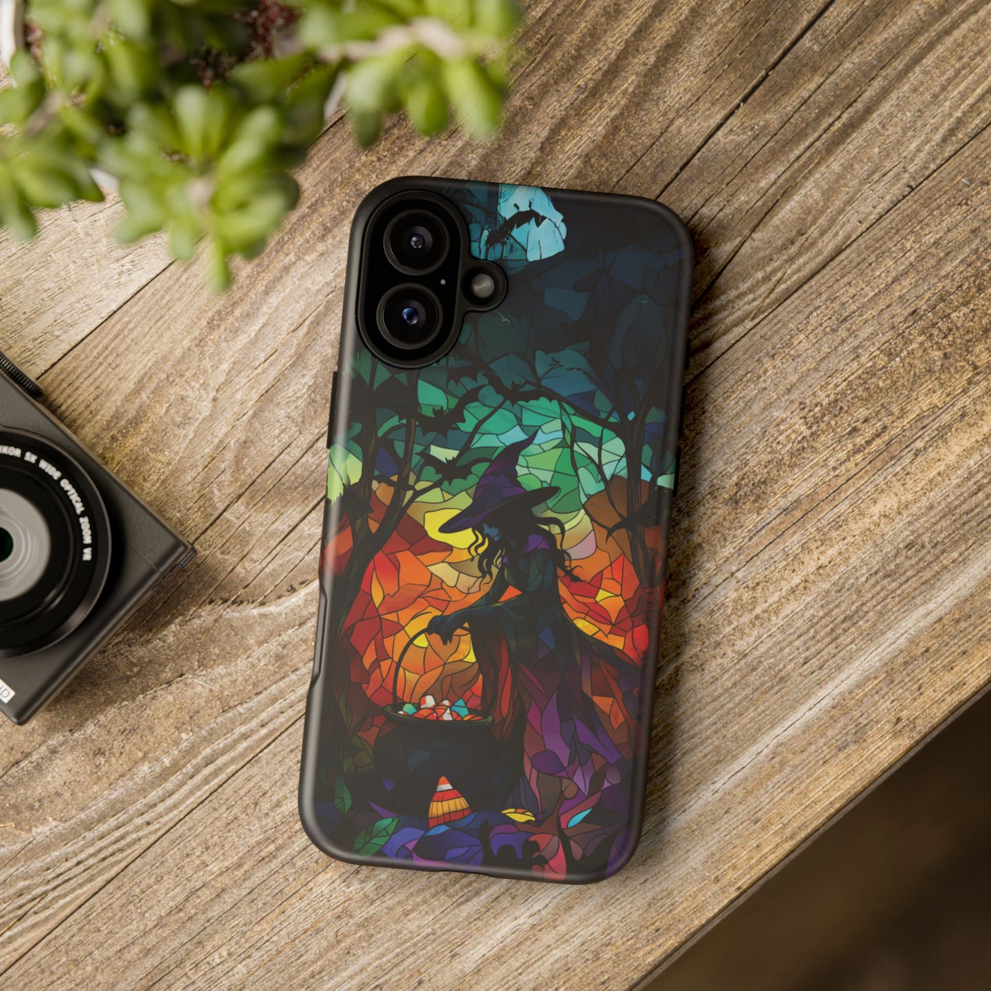 Halloween Witch Stained Glass Dark Academia Spooky Fall Witchy Pumpkin Bats Seasonal Fall Mosaic Case iPhone 13 14 15 16 Pro Max