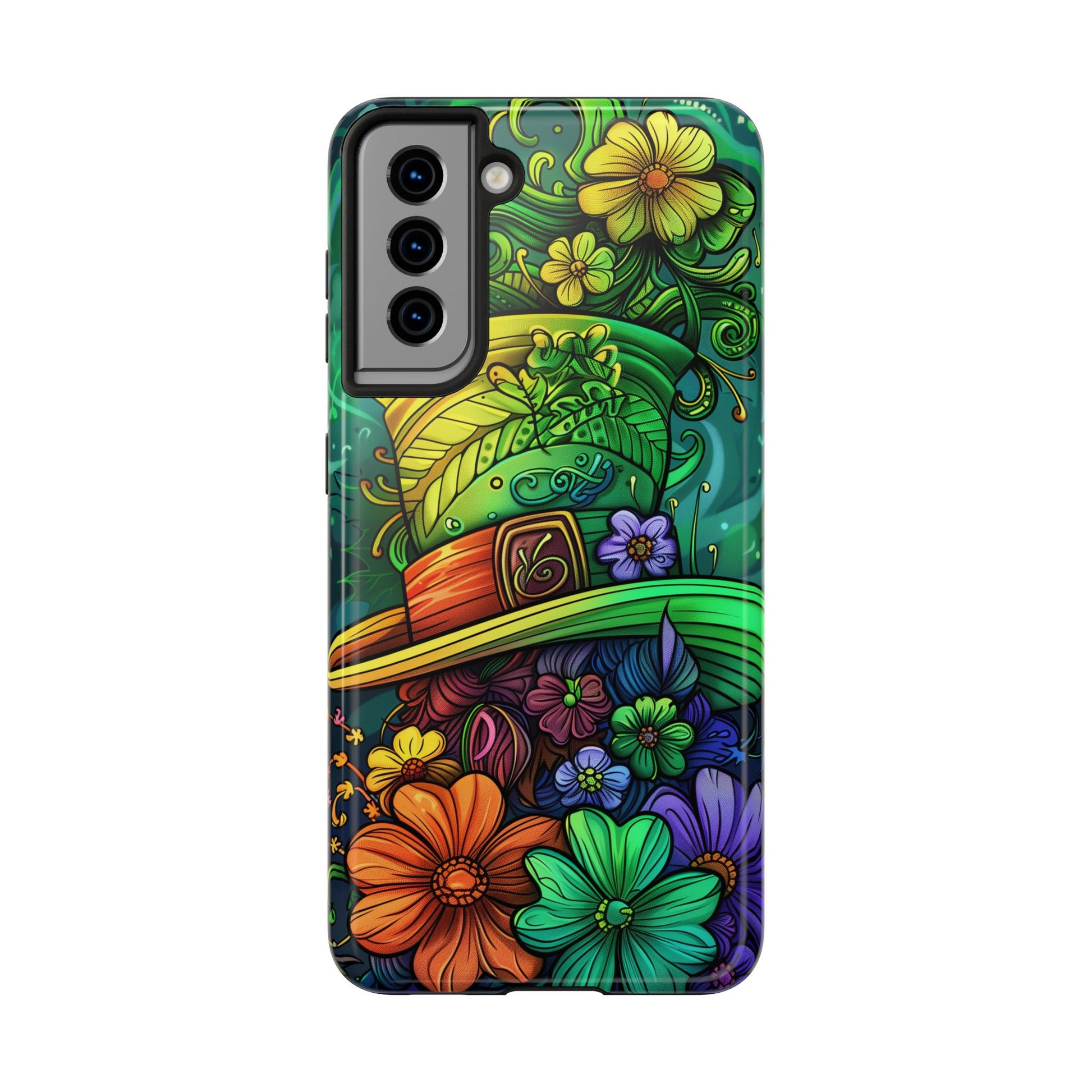 Rainbow St. Patricks Day Good Lucky Phone Case Green Shamrock Protective Tough Durable iPhone 13 14 15 16 Pro Max Plus Galaxy Top Hat Charm