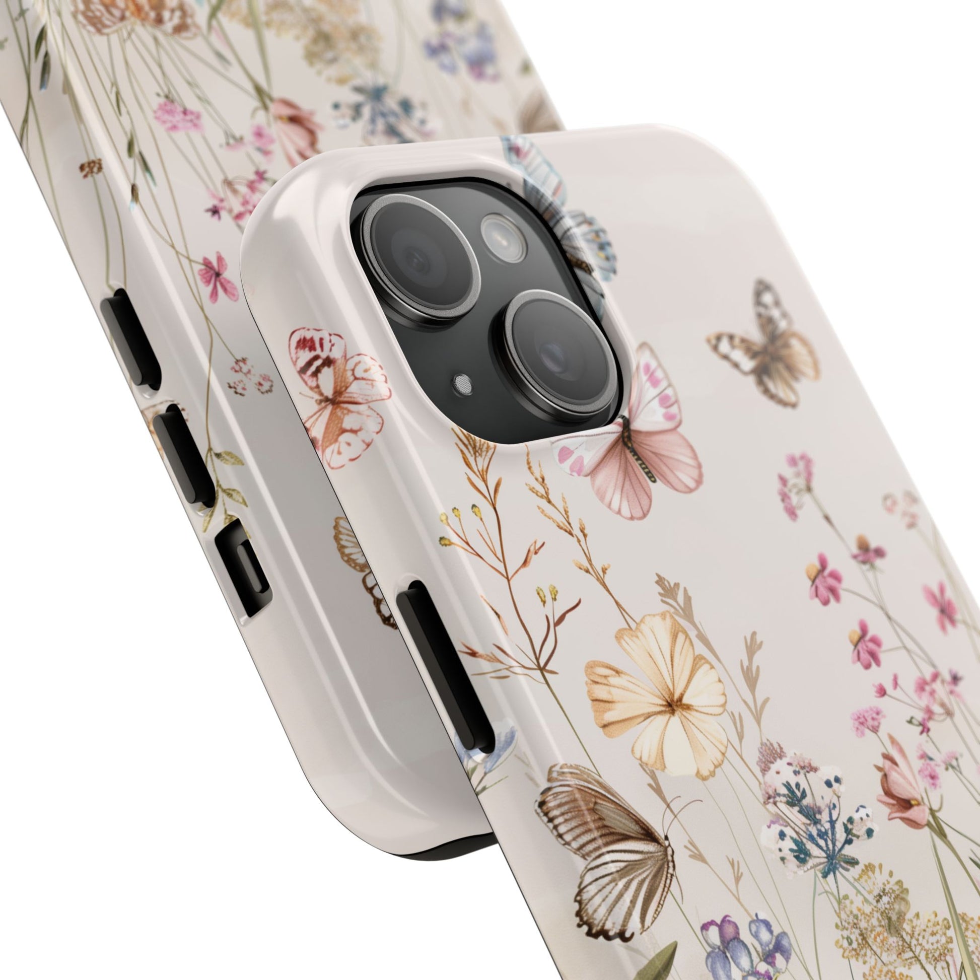 Butterfly Meadow Scene Cottagecore iPhone 15, Pastel Wildflowers & Butterflies, Natural iPhone Case, Cottagecore Garden Case, iPhone 14