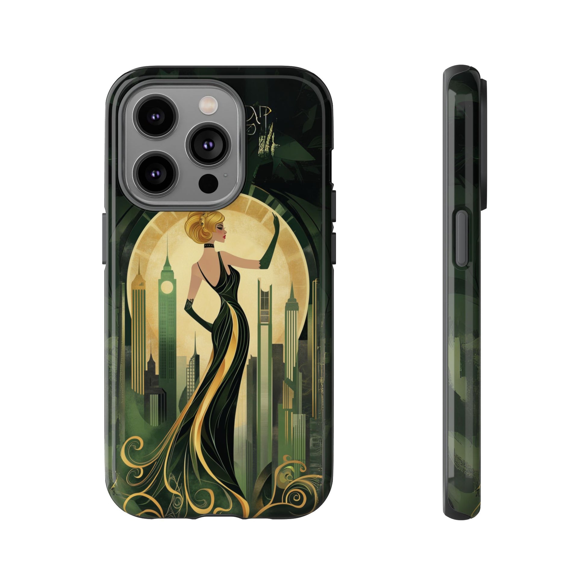 Emerald City Art Deco Flapper Woman Phone Case 1920s Art Nouveau Design in Emerald & Gold Alphonse Mucha Style Gatsby Style Poster