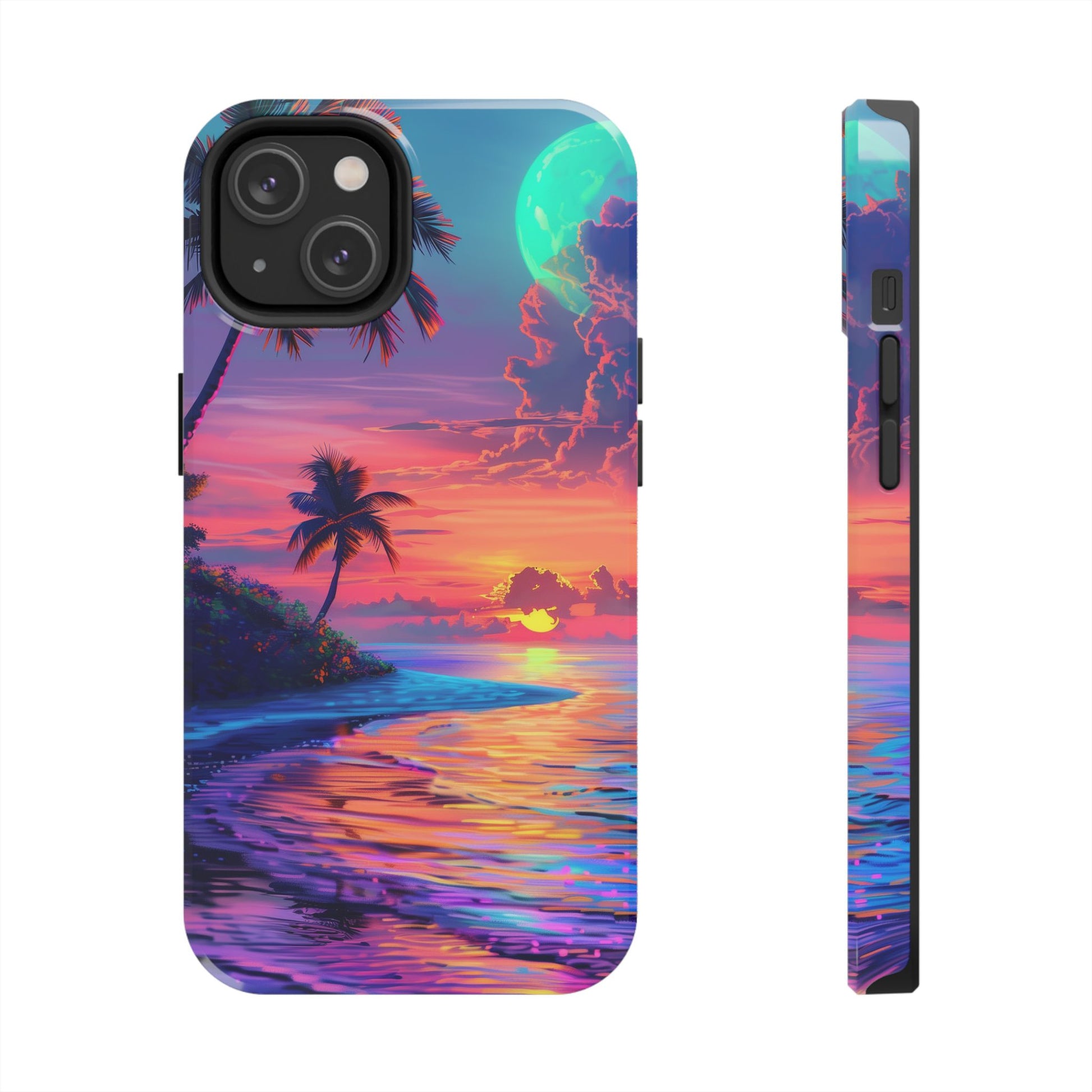 Tough Beach Scene Phone Case - Durable Phone Cover with Lisa Frank Inspired Beach Art - Protective Case with Vibrant Beach Design