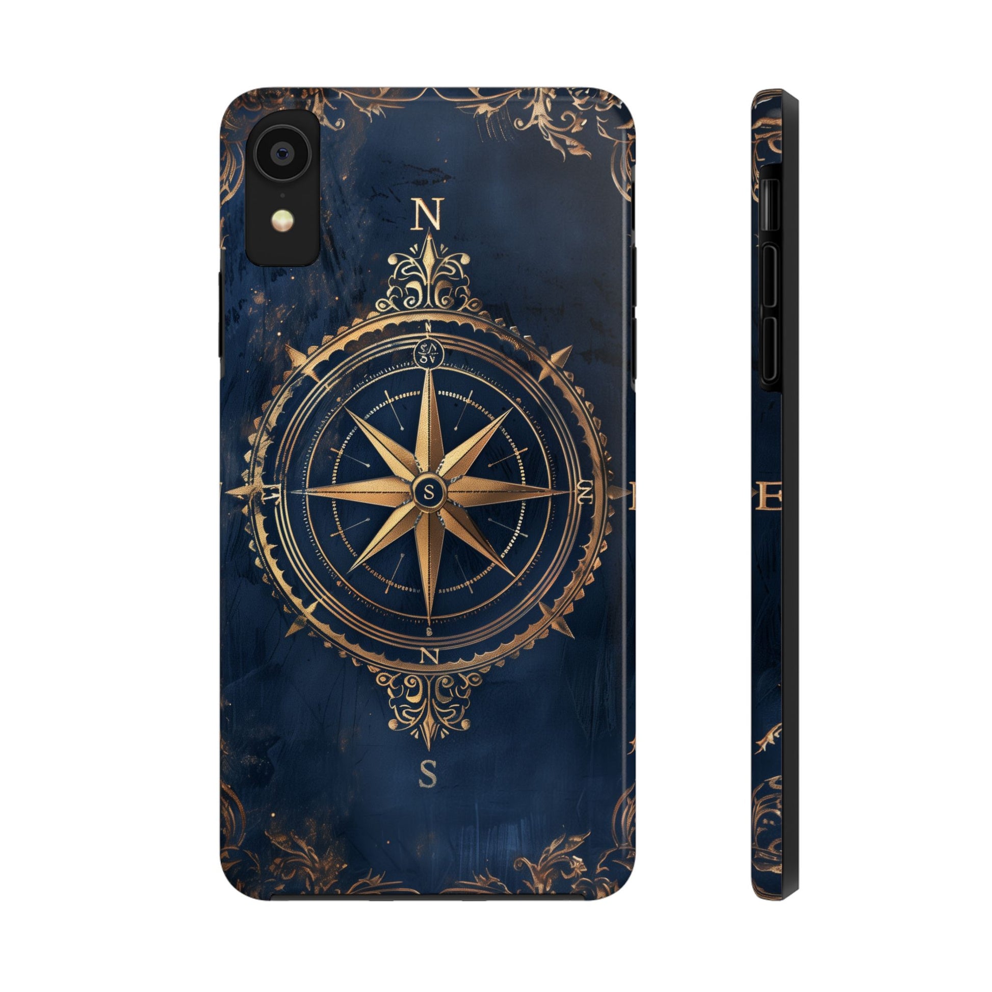 Golden Compass Rose Phone Case, Dark Blue Nautical Design, Unique Maritime Smartphone Cover, Stylish Accessory, Perfect for Travel Lovers