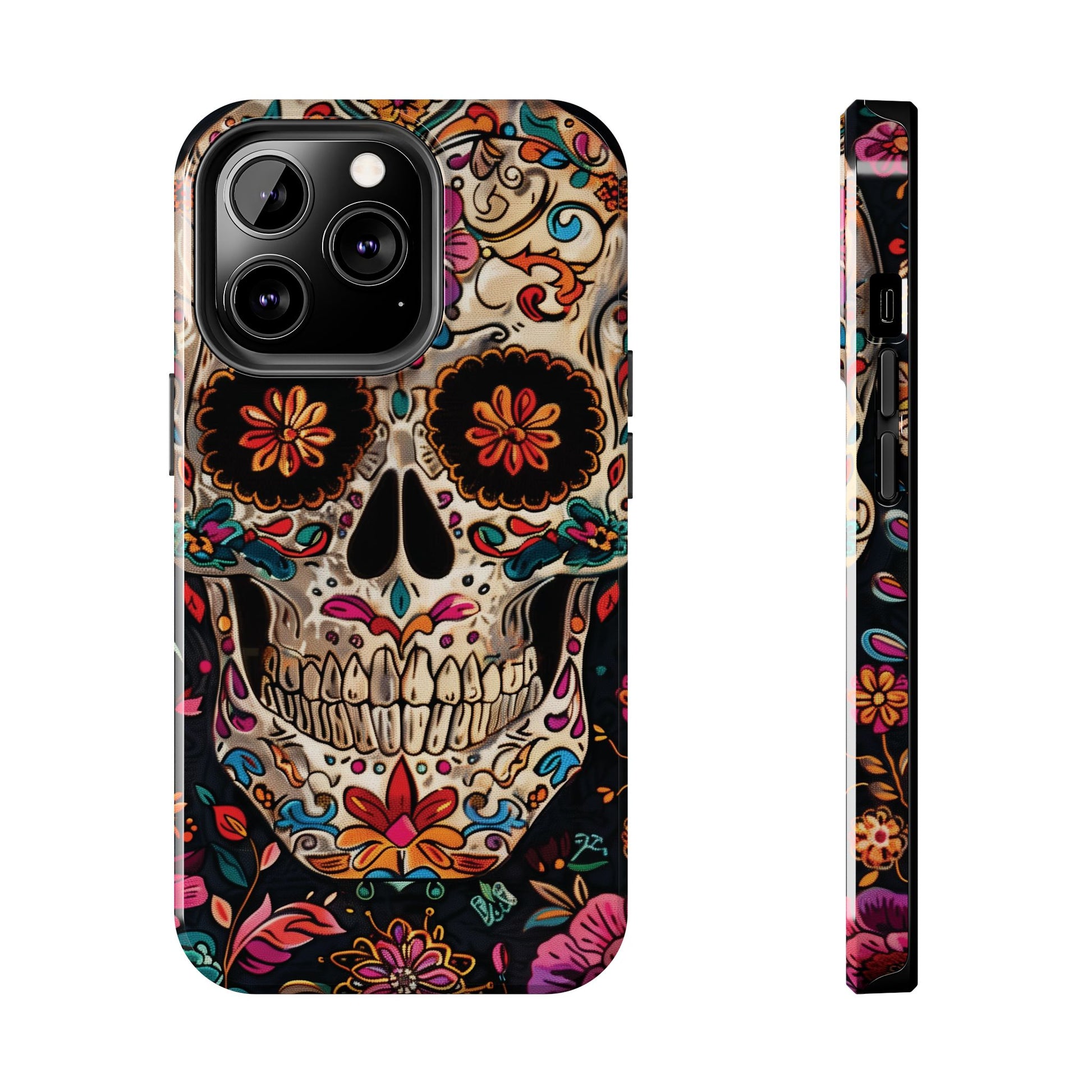Sugar Skull Phone Case Flowers and Skeletons, Halloween Cottagecore Day of the Dead, Dia de Los Muertos Gothic, iPhone 15 Spooky Case