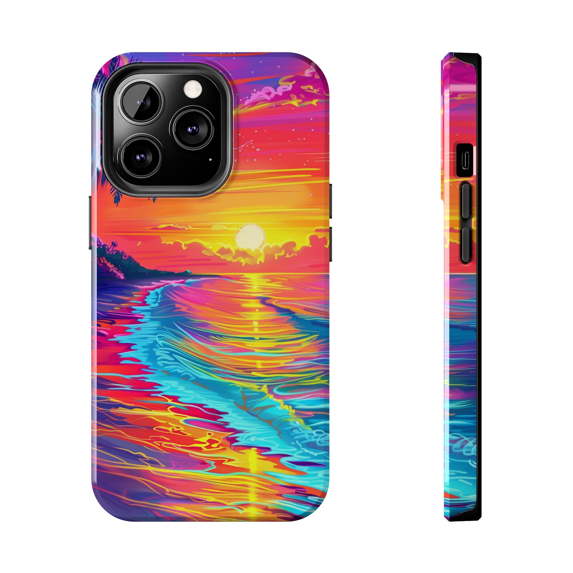 Tough Beach Sunrise Phone Case - Durable Case Lisa Frank Inspired Beach Art - Vibrant Beach Design - Colorful Phone Case for Beach Lovers
