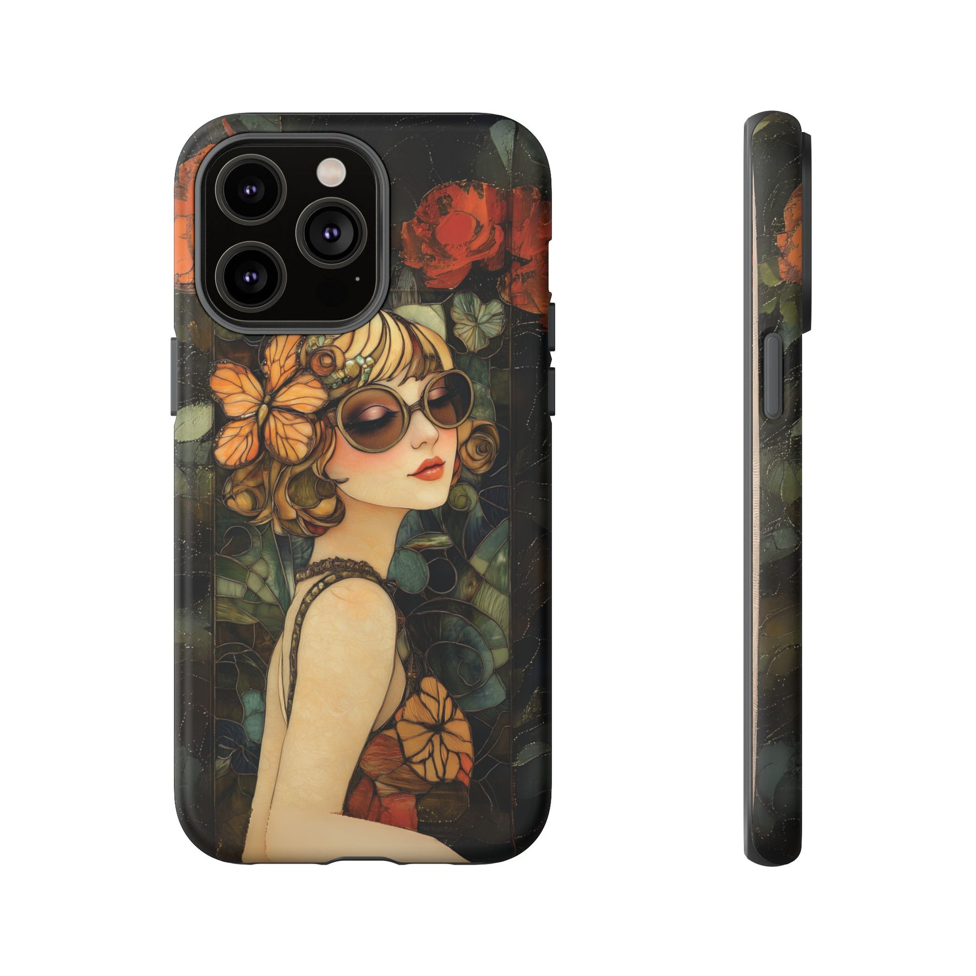 Butterfly Art Deco Flapper Woman Mosaic Phone Case 1920s Art Nouveau Design in Red Stained Glass Alphonse Mucha Style Gatsby Style Poster